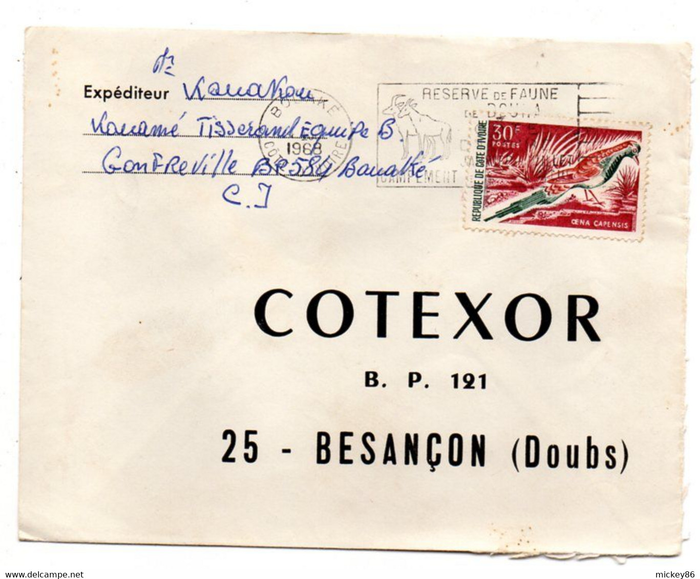 Côte D'Ivoire -1968 - Lettre  BOUAKE   Pour Besançon-25--tp  Oiseau   Seul Sur Lettre....cachet. Réserve Faune Bouna - Ivoorkust (1960-...)