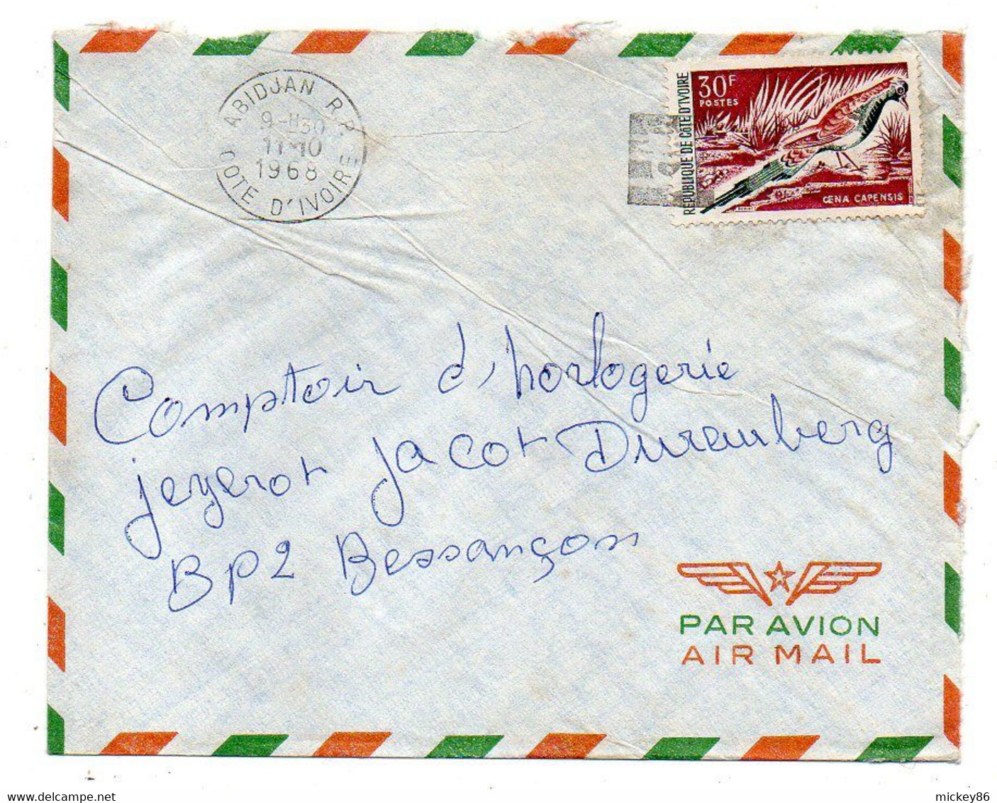 Côte D'Ivoire -1968 - Lettre  ABIDJAN R.P   Pour Besançon-25--tp  Oiseau   Seul Sur Lettre....cachet. Mécanique - Costa De Marfil (1960-...)