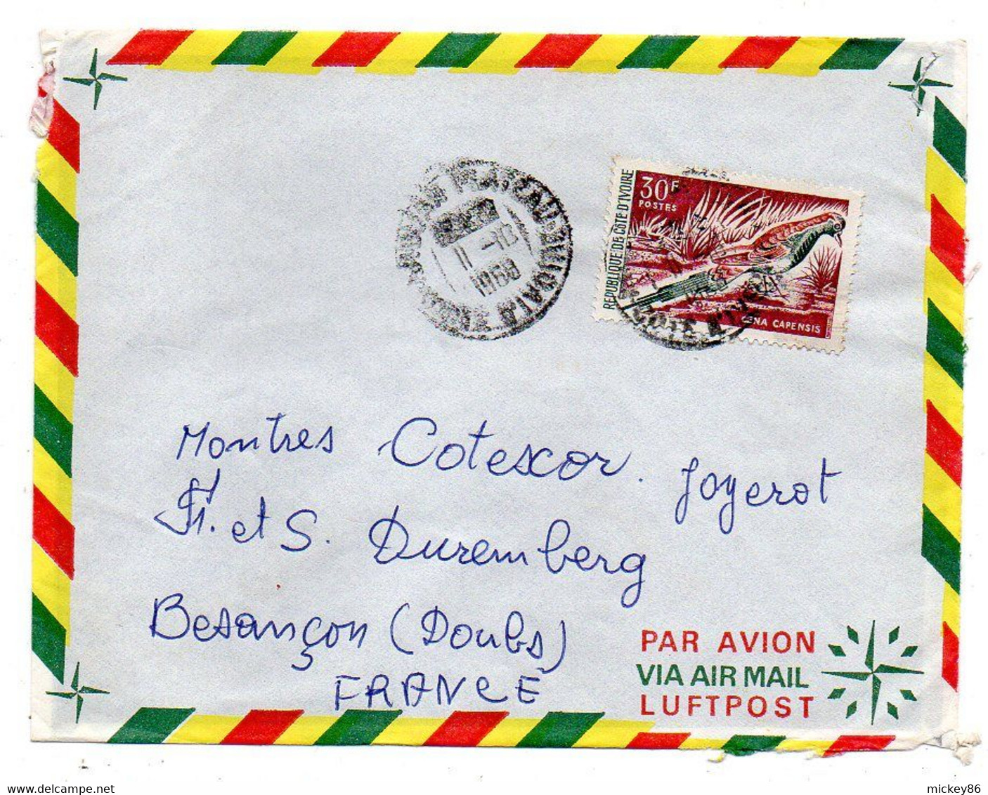 Côte D'Ivoire -1968 - Lettre  ABIDJAN PLATEAU   Pour Besançon-25--tp  Oiseau   Seul Sur Lettre....cachet. - Ivoorkust (1960-...)