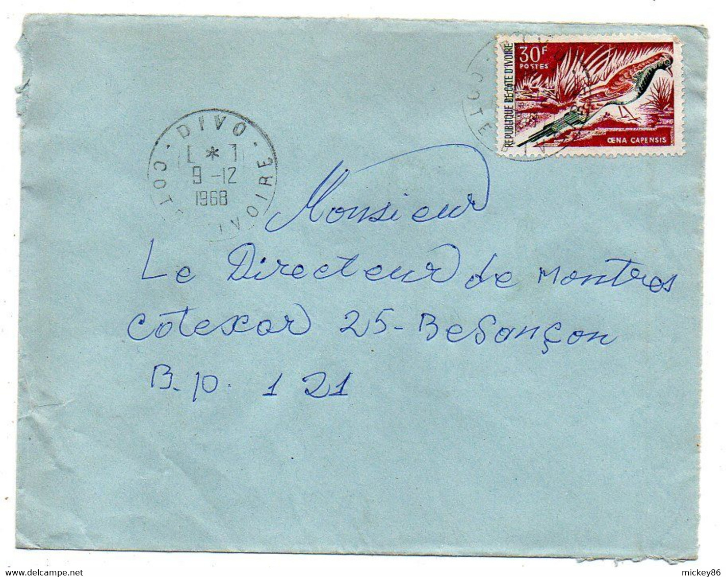 Côte D'Ivoire -1968 - Lettre  DIVO  Pour Besançon-25--tp  Oiseau   Seul Sur Lettre....cachet. - Ivory Coast (1960-...)