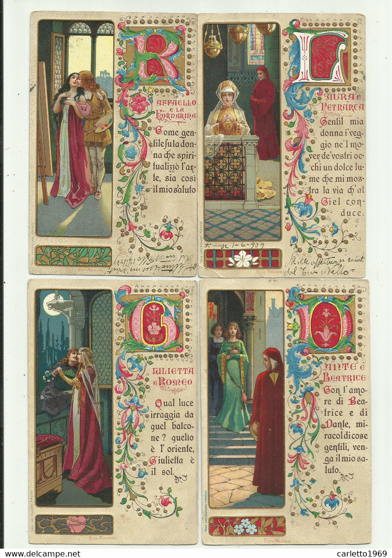 4 CARTOLINE - LAURA E PETRARCA - RAFFAELLO E FORNARINA - GIULIETTA E ROMEO - DANTE E BEATRICE SU CARTA FIORENTINA VIAGG. - 1900-1949