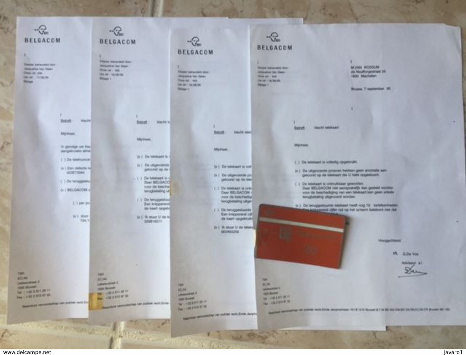 BELGIUM  :  DOCUMENTATION : 4 COMPLAINT LETTERS , (1 With Card ) LOT 1 - [3] Tests & Services