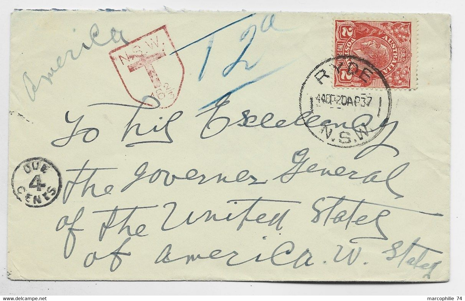 AUSTRIALIA 2 PENCE SOLO LETTRE COVER RYDE NSW 20 AP 1937 TO PRESIDENT GOVERNER USA ROOSEVELT + T TAXE DUE - Lettres & Documents