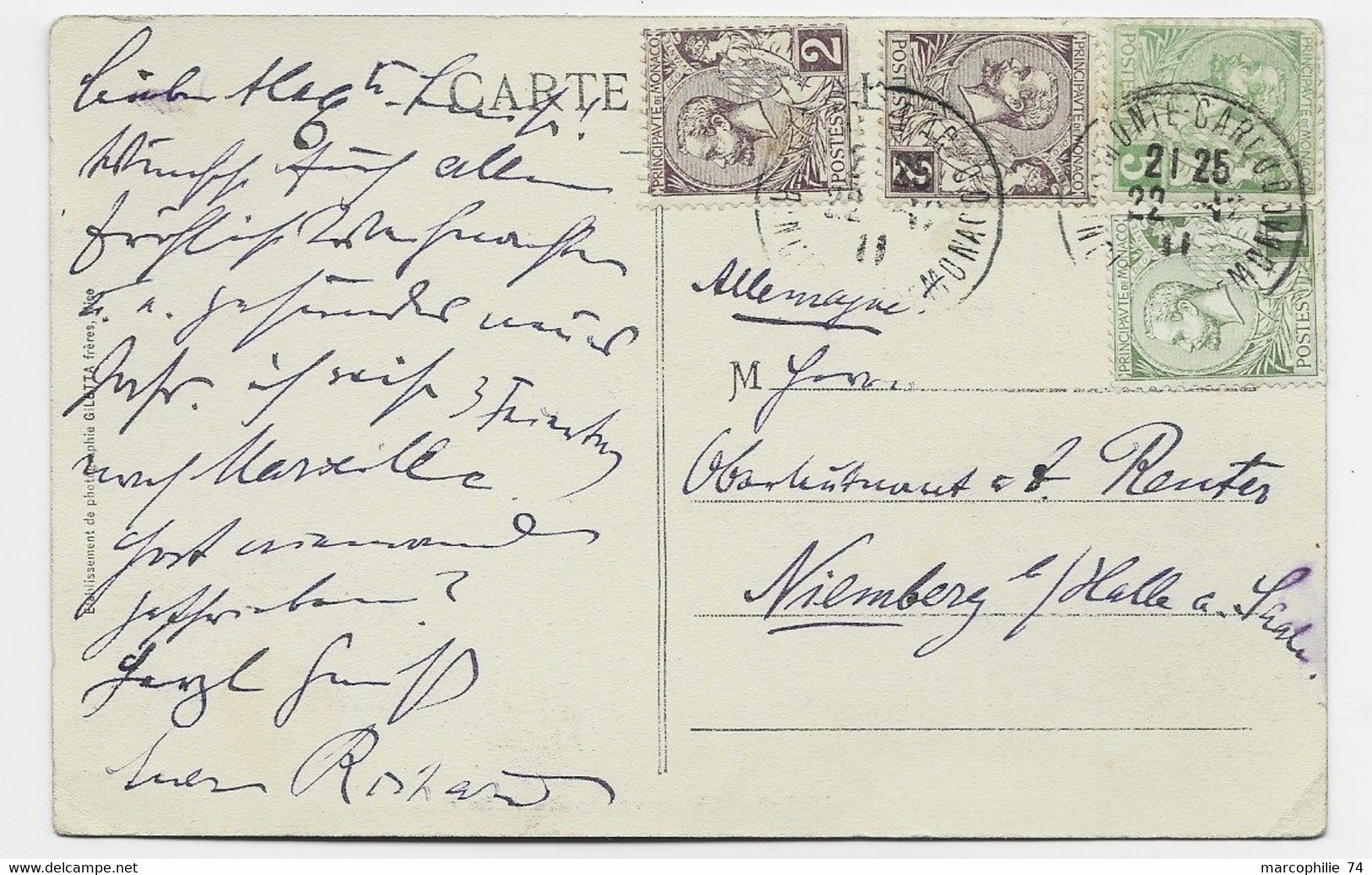 MONACO 1C+2CX2+5C CARTE MONTE CARLO 22.12.1911 POUR ALLEMAGNE AU TARIF - Covers & Documents