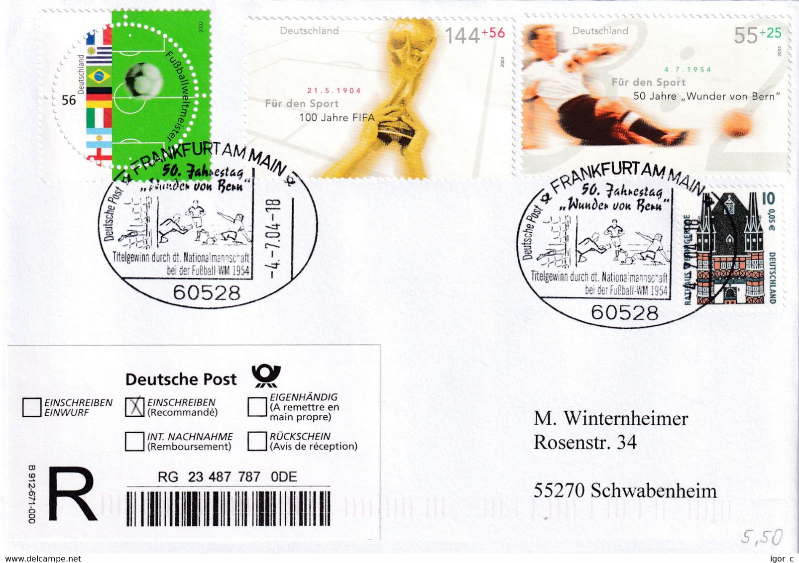 Germany 2004 Registered Cover: Football Fussball Soccer Calcio Fifa World Cup 1954 Wunder Won Bern; 100  Years FIFA - 1954 – Switzerland