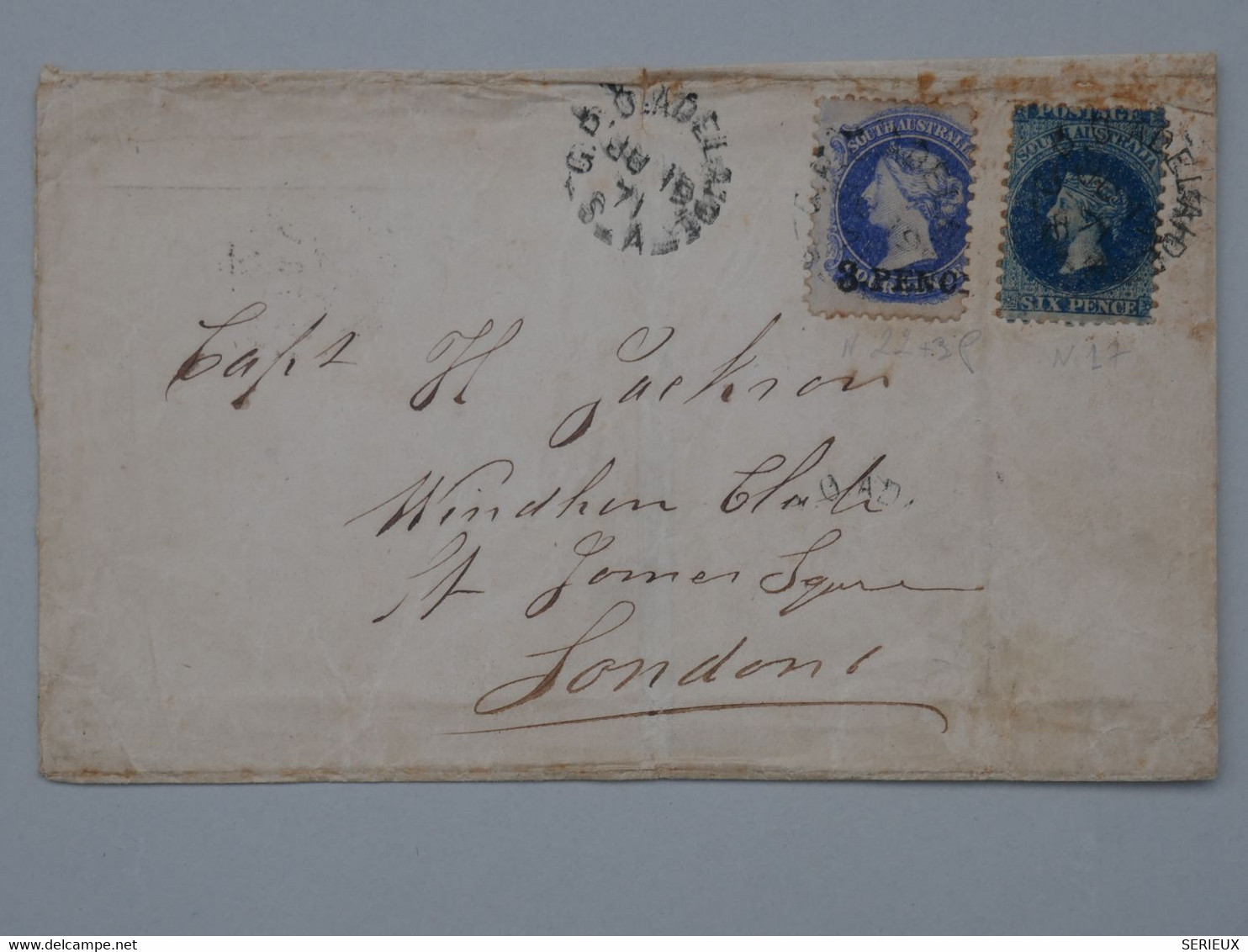 L32 SOUTH AUSTRALIA  BELLE LETTRE  RARE 1871 ADELAIDE  A LONDON U.K +N°22 SURCHAGE " PENCE + AFFRANCH. INTERESSANT++ - Briefe U. Dokumente