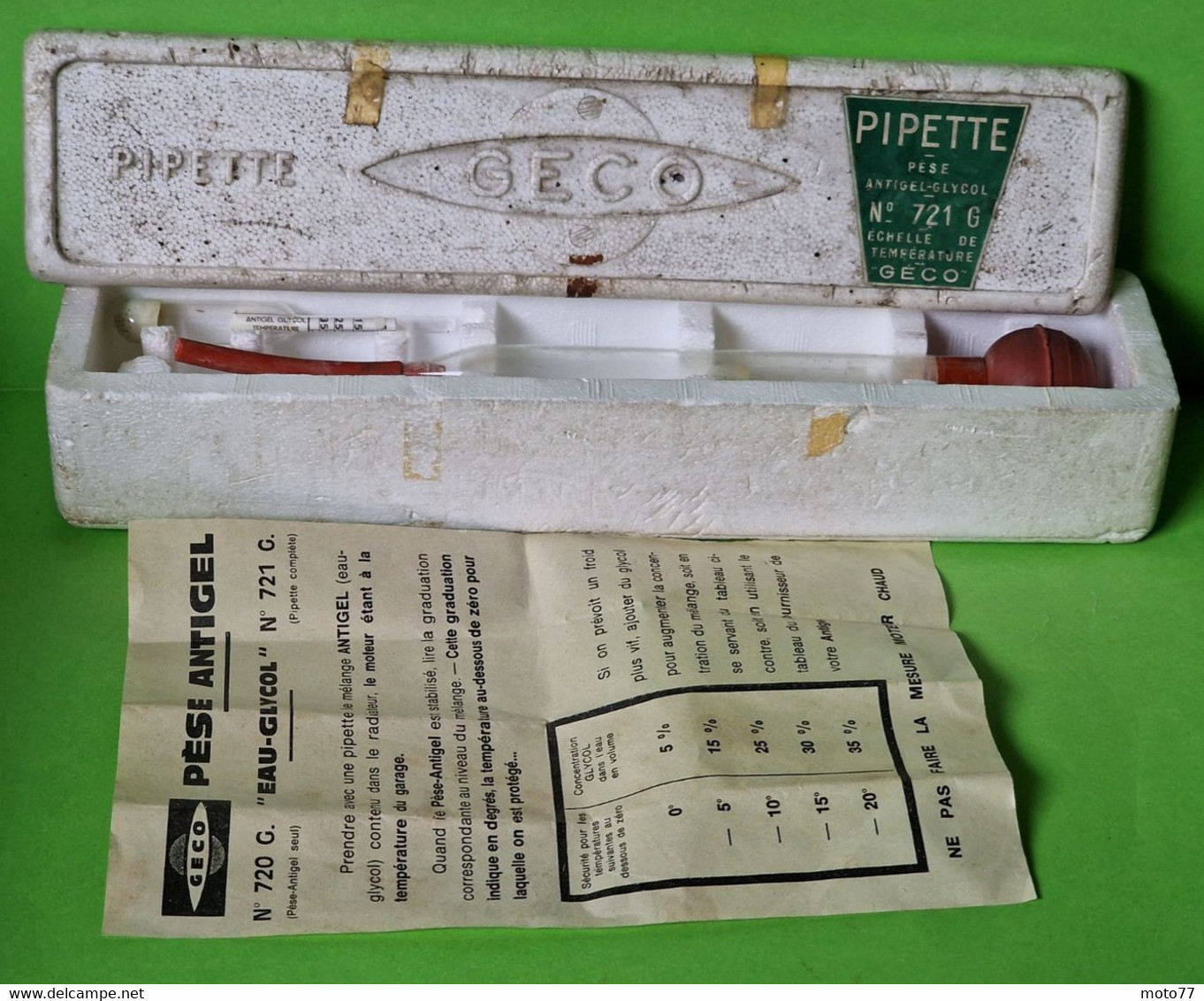 Ancien OUTIL spécial GECO - Pipette PÈSE Antigel Batterie véhicules - verre plastique -" laissé dans son jus "-vers 1960