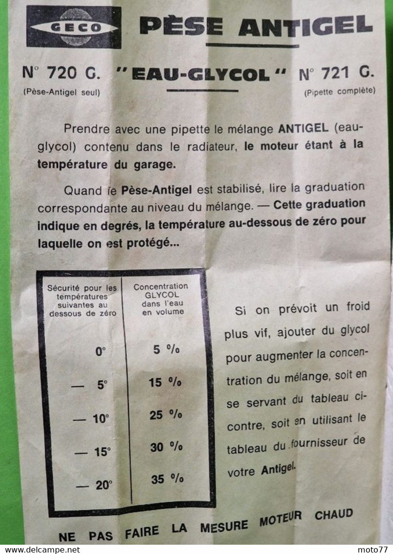 Ancien OUTIL spécial GECO - Pipette PÈSE Antigel Batterie véhicules - verre plastique -" laissé dans son jus "-vers 1960