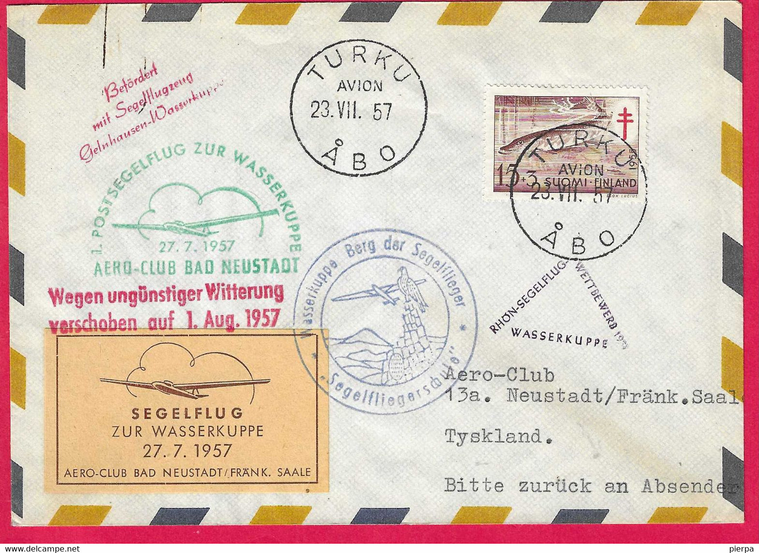 FINLANDIA - VOLO PER ALIANTE DA TURKU A TYSKLAND *23.7.57* SU BUSTA UFFICIALE - Cartas & Documentos