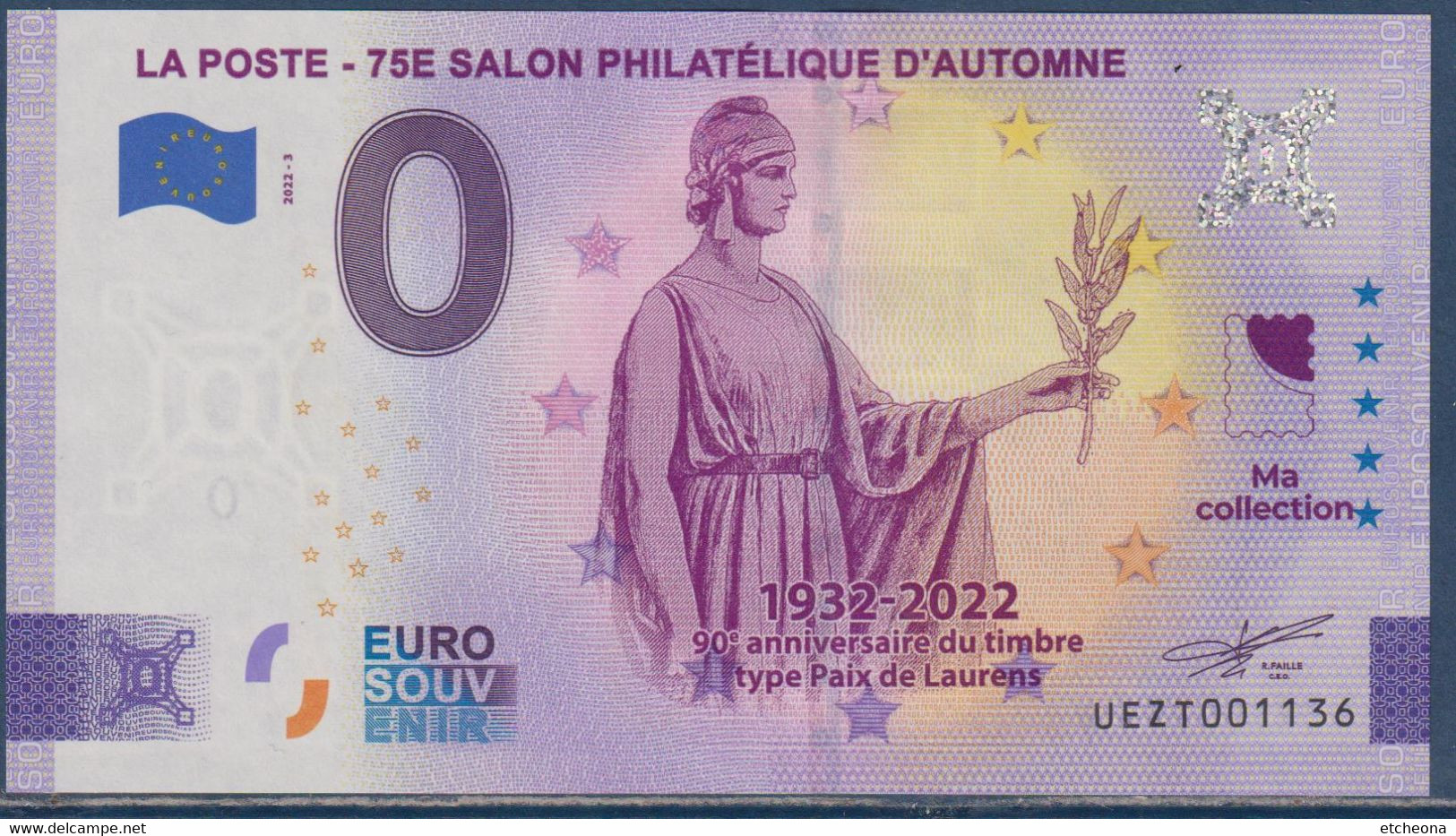 Zéro Euro La Poste 75è Salon Philatélique D'automne 90 Anniversaire Type Paix Laurens Euro Souvenir Tour Eiffel Londres - Specimen