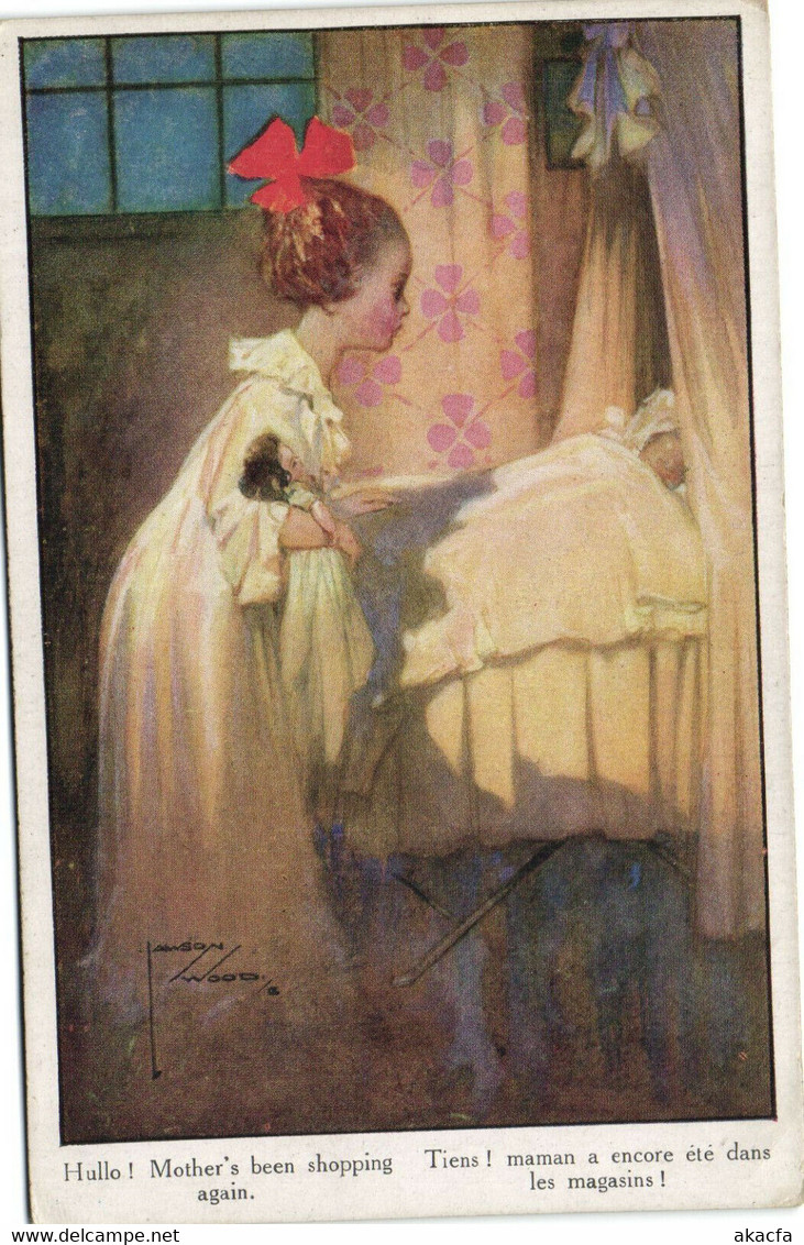 PC LAWSON WOOD, ARTIST SIGNED, MOTHER'S BEEN SHOPPING, Vintage Postcard (b35431) - Wood, Lawson