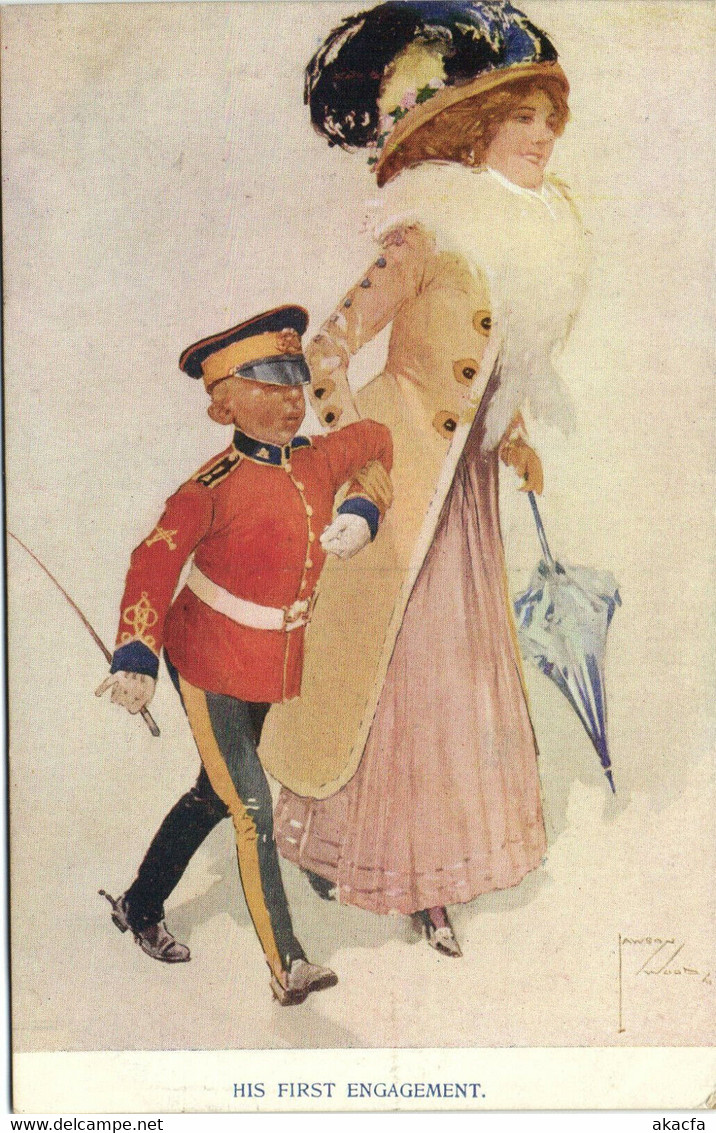 PC LAWSON WOOD, ARTIST SIGNED, HIS FIRST ENGAGEMENT, Vintage Postcard (b35424) - Wood, Lawson