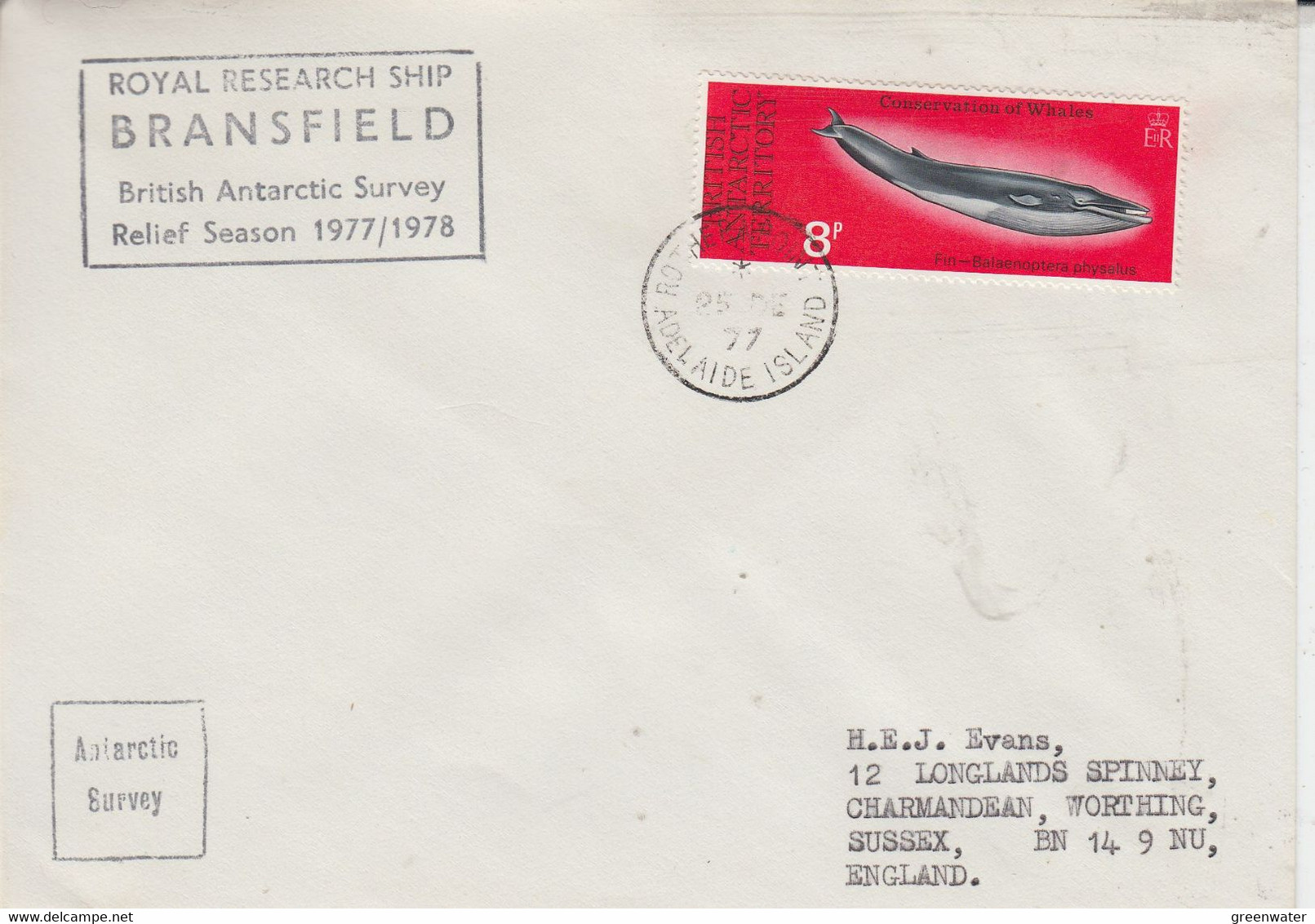 British Antarctic Territory (BAT) Cover Ca RRS Bransfield Ca Rothera Point Adelaide Island 25 DE 1977 (TB153) - Briefe U. Dokumente