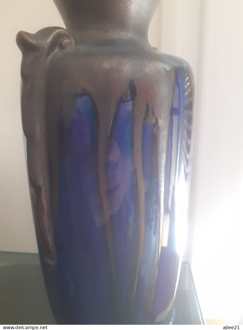 Paire De Vases En Grés Émaillé Bleu Glacure Marron. - Vazen