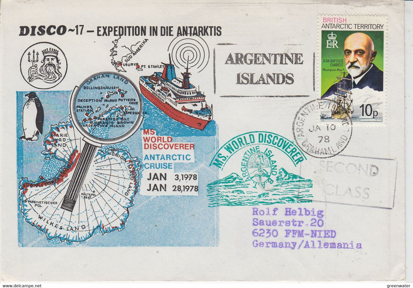 British Antarctic Territory (BAT) Cover Disco 17 MS World Discoverer Ca Argentine Islands JAN 10 1978 (TB163) - Covers & Documents