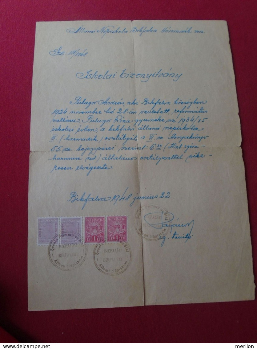 DEL012.9  Old Document - 1948 Hungary Romania  BIKFALVA - Pulugor András - Állami Népiskola Háromszék  -revenue Stamps - Fiscali