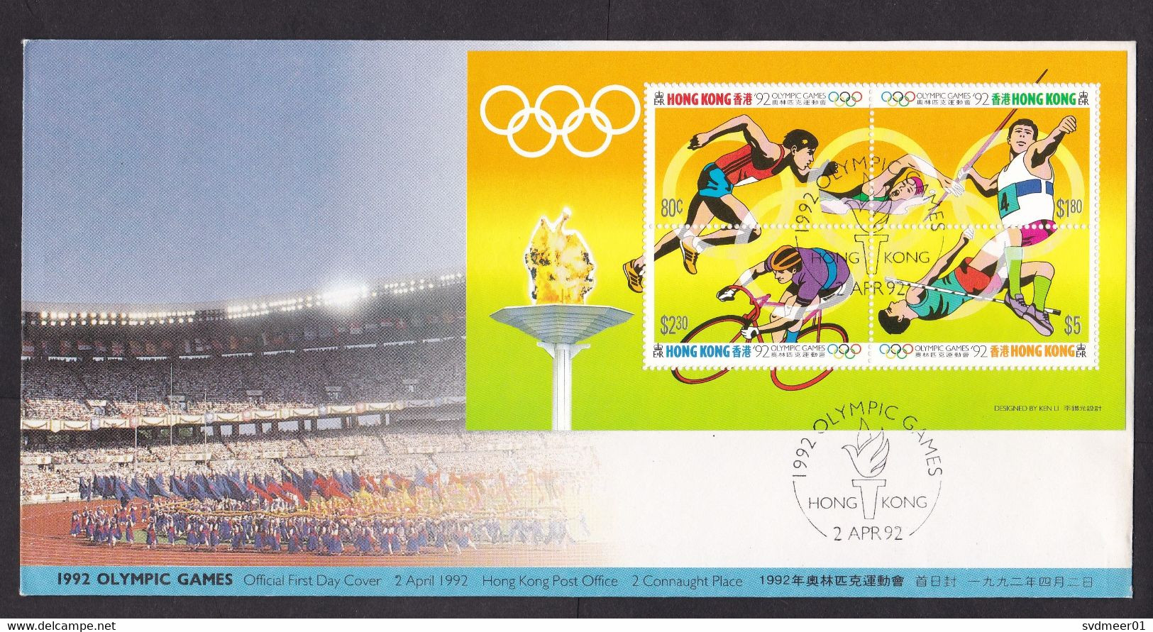 Hong Kong: FDC First Day Cover, 1992, 4 Stamps, Souvenir Sheet, Olympics, Olympic Games, Sports (traces Of Use) - Covers & Documents