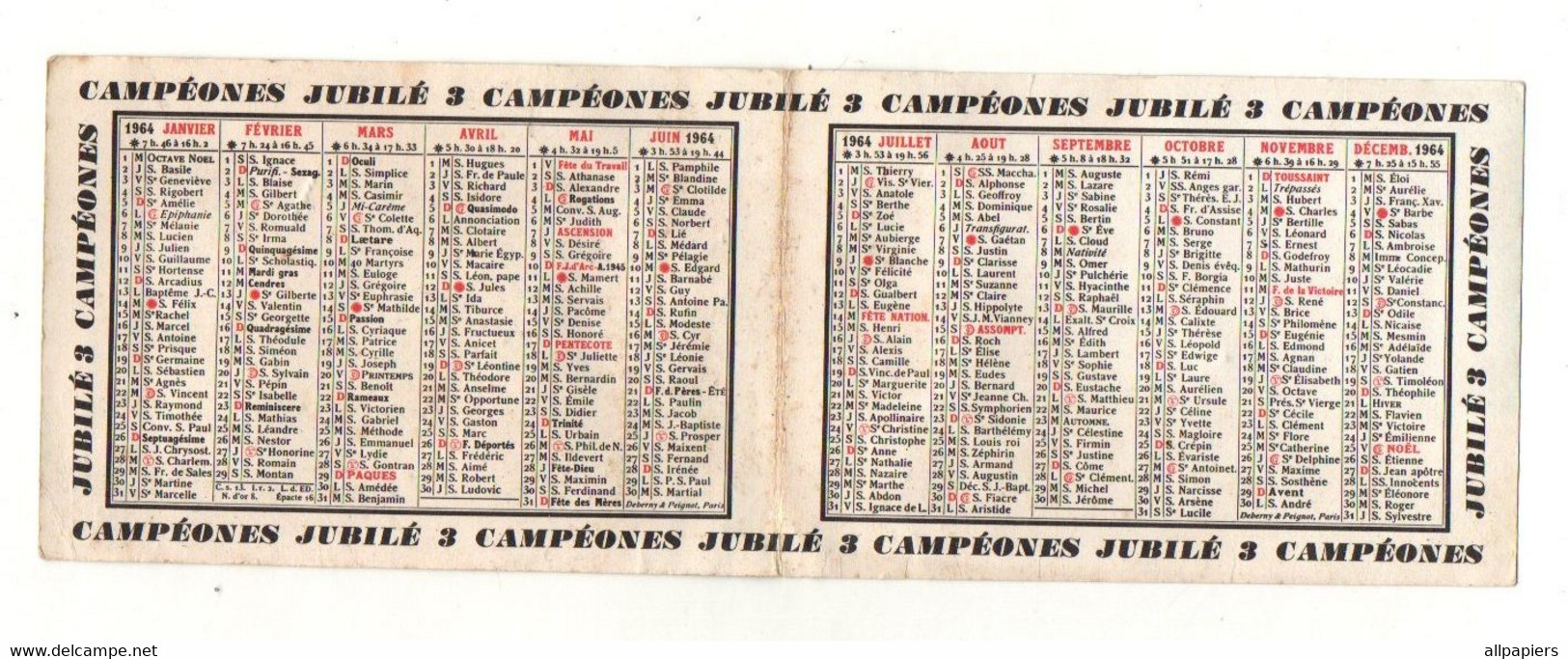 Petit Calendrier Cigares Campéones Jubilé 3 De 1964 Régie Française Des Tabacs - Format : 11x7.5 Cm - Autres & Non Classés