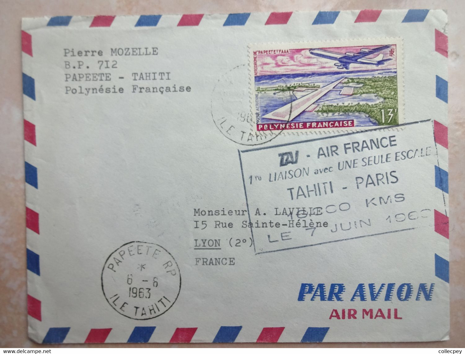 POLYNÉSIE - Enveloppe PAPEETE île TAHITI 07/06 1963 Pour La France Cachet AIR FRANCE 1ère Liaison TAHITI PARIS - Lettres & Documents