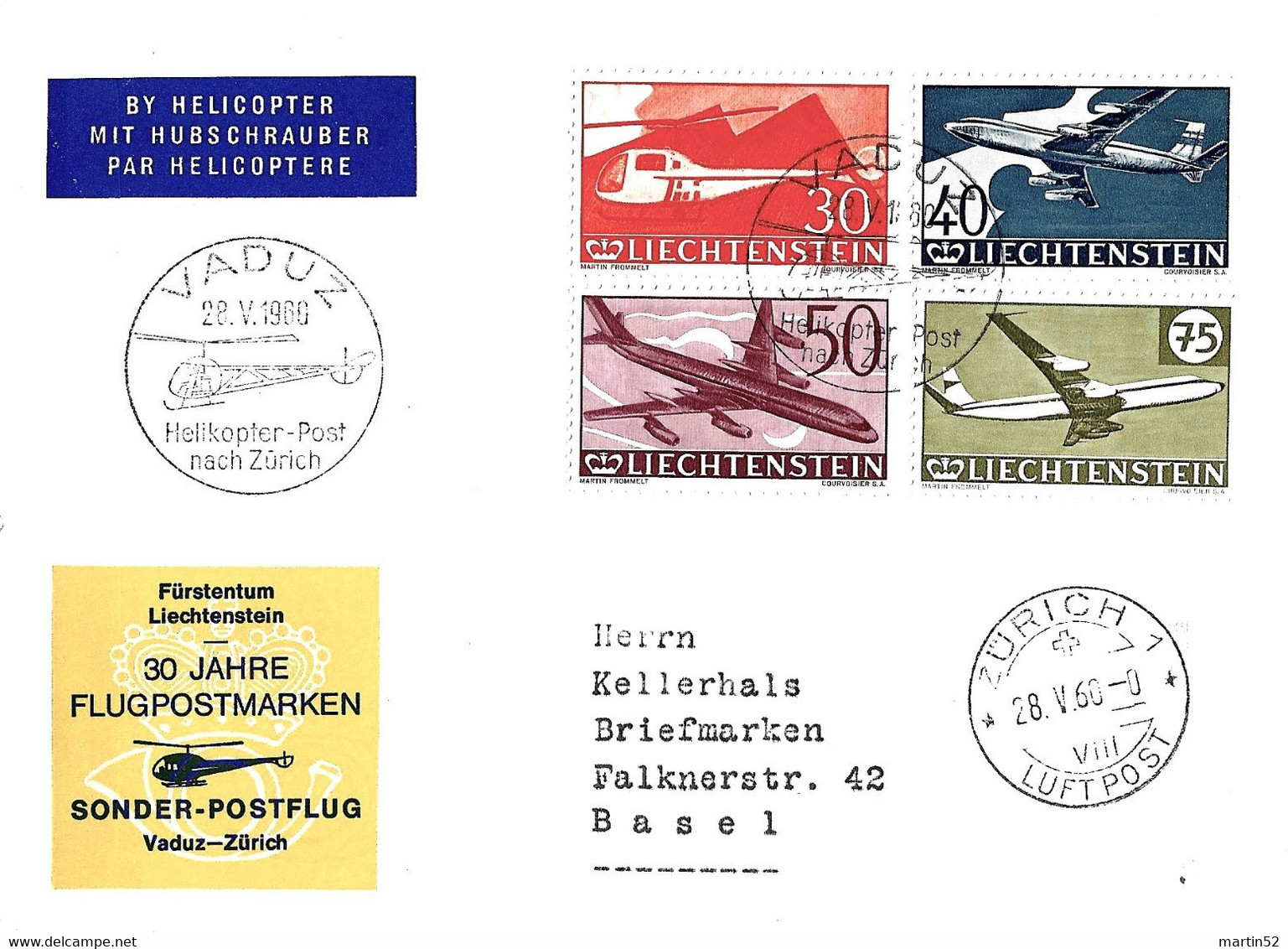 Liechtenstein 1960: Helikopter-Post Nach Zürich Ab VADUZ 28.V.1960 Mit Zu F34-37 Mi 391-394 Yv PA 34-37 (Zu CHF 35.00) - Storia Postale