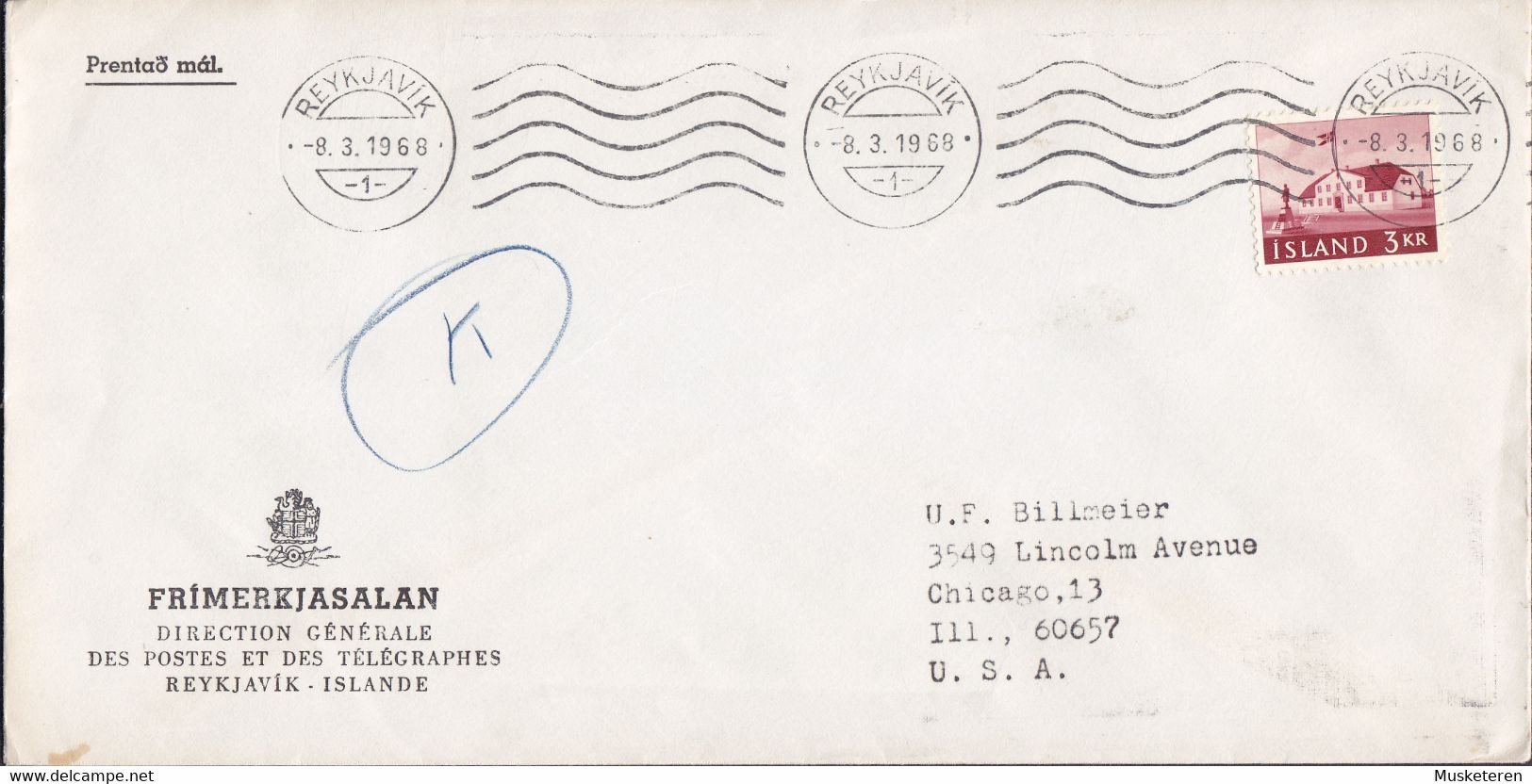 Iceland DIRECTION GÉNÉRALE, TMS Cds. REYKJAVIK 1968 Cover Brief CHICAGO United States PRINTED MATTER - Covers & Documents