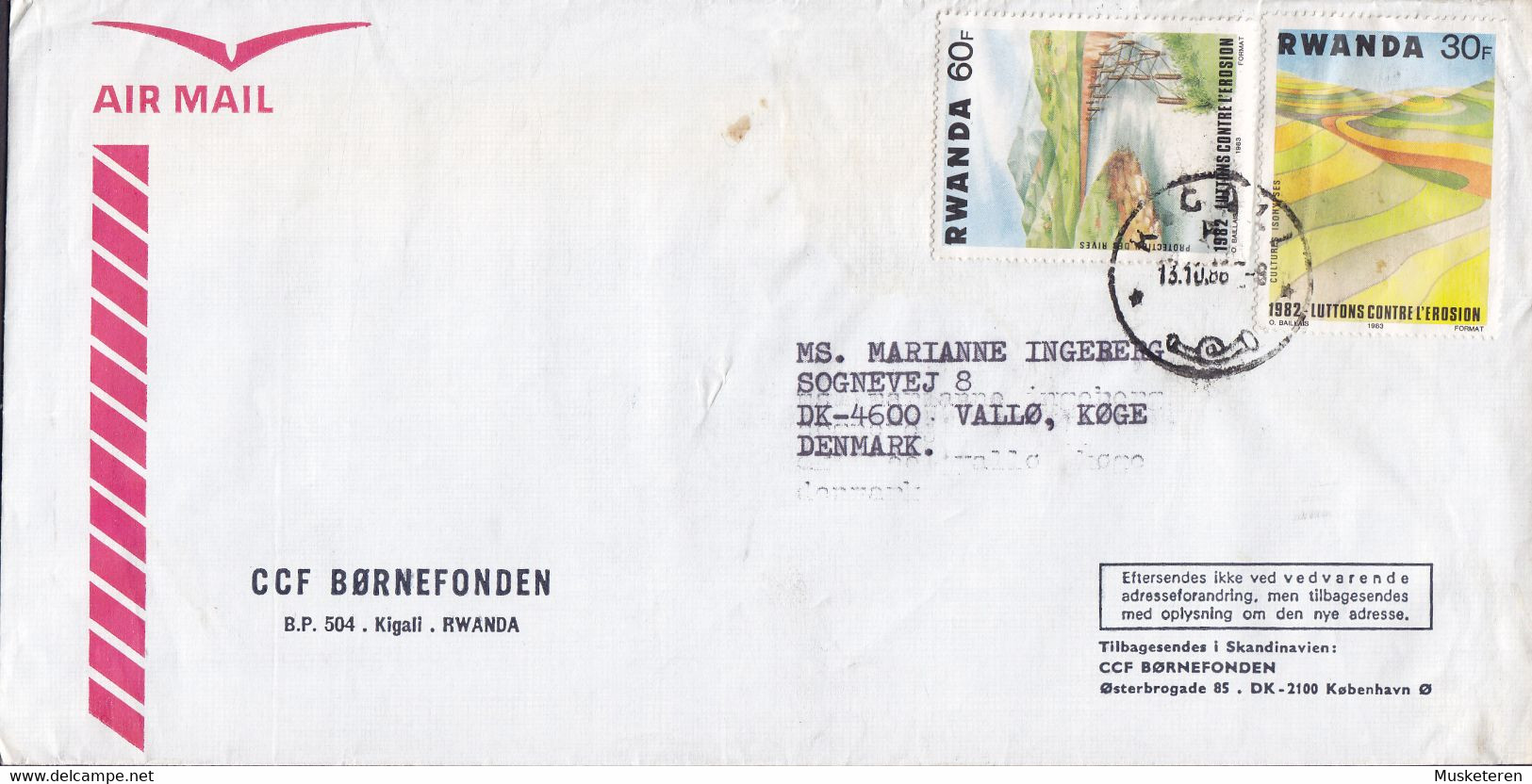 Rwanda Airmail CCF BØRNEFONDEN Children Aid Kigali 1986 Cover VALLØ, KØGE Denmark Luttons Contre L'Erosion - Otros & Sin Clasificación