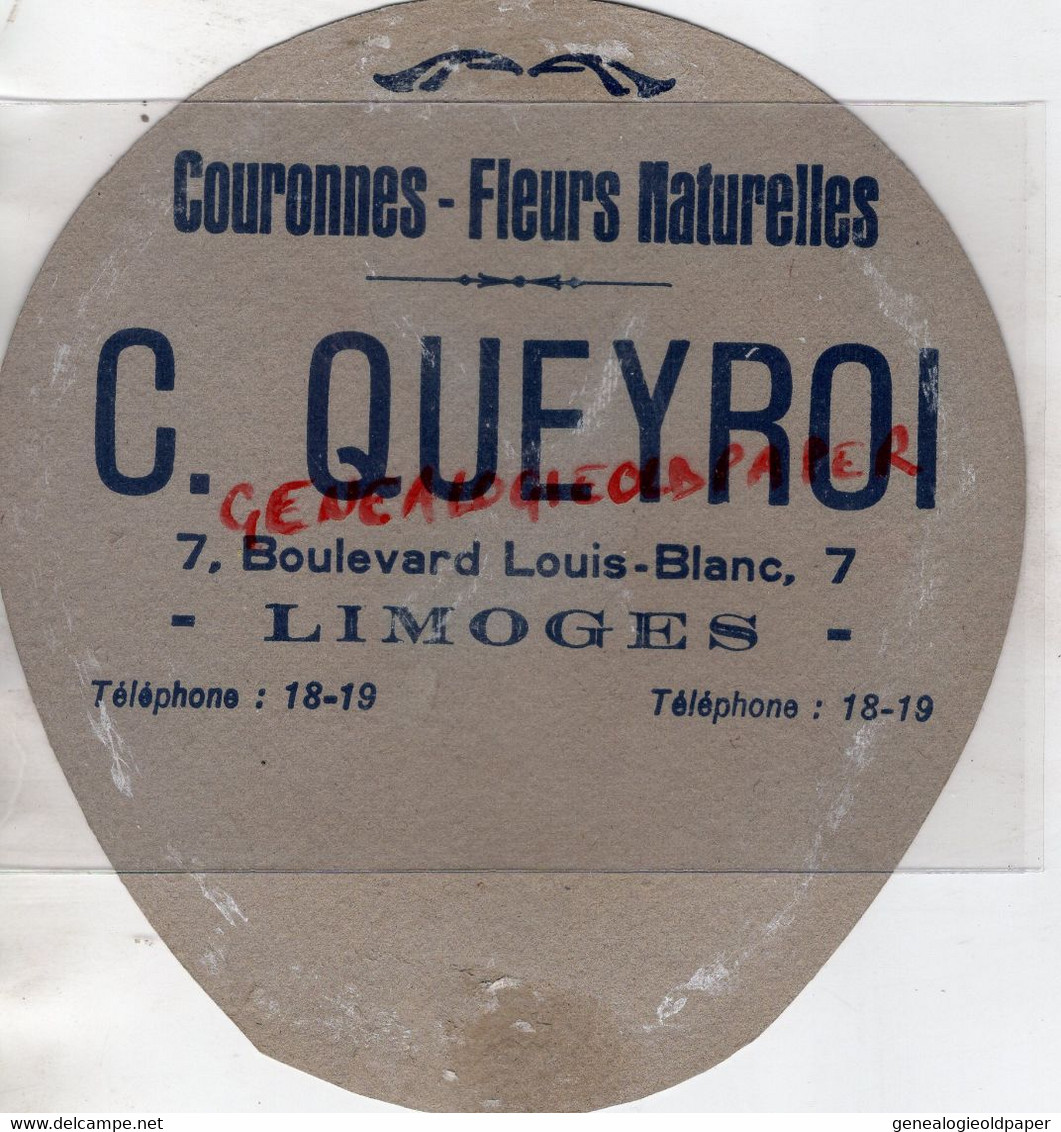 87- LIMOGES- BEAU CARTON CHROMO FEMME AU CHAPEAU- C. QUEYROI 7 BOULEVARD LOUIS BLANC-COURONNES FLEURS NATURELLES - Autres & Non Classés