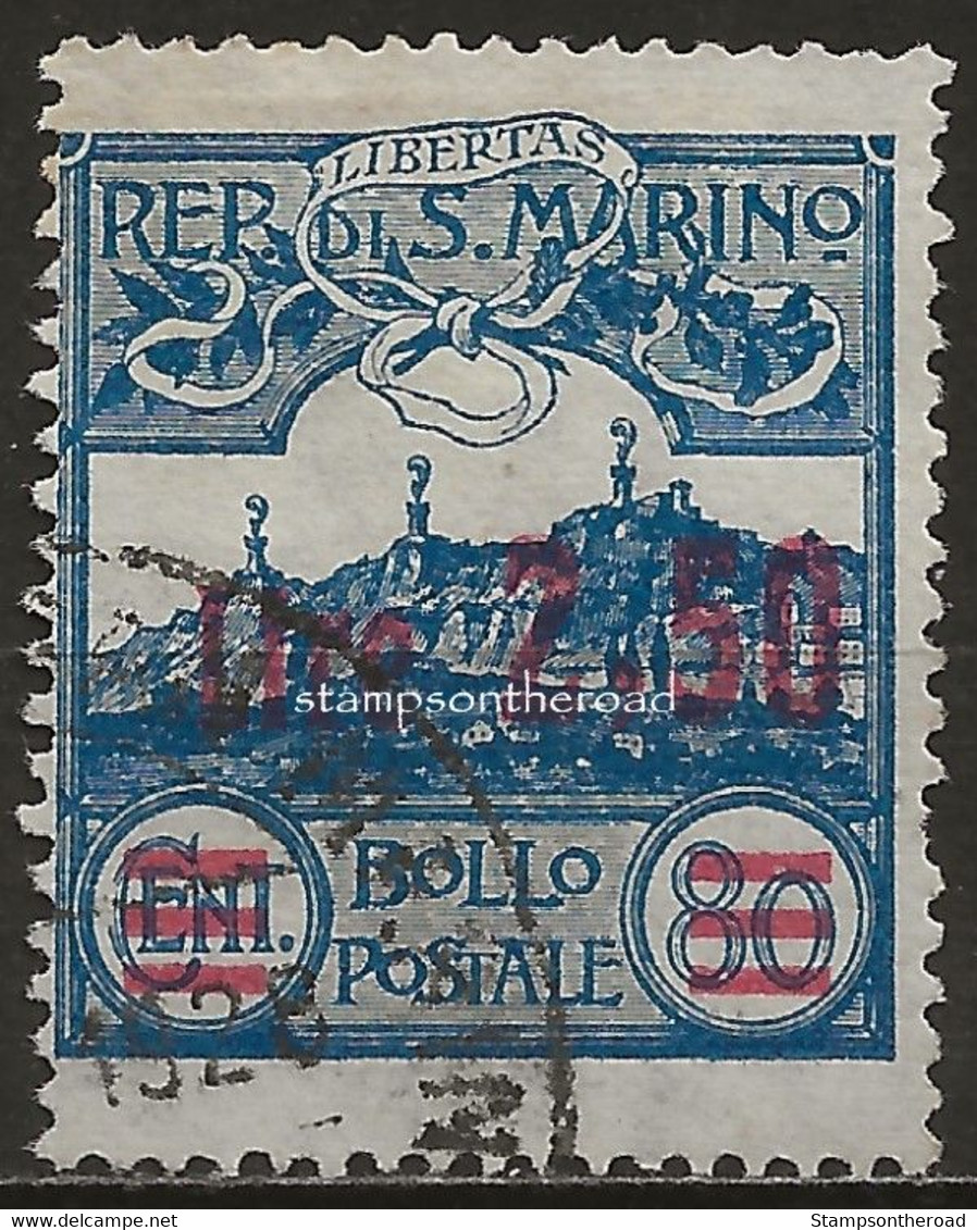 SM122U - San Marino 1926, Sassone Nr. 122, 2,50 Su 80 C. Azzurro, Francobollo Usato Per Posta - Usati