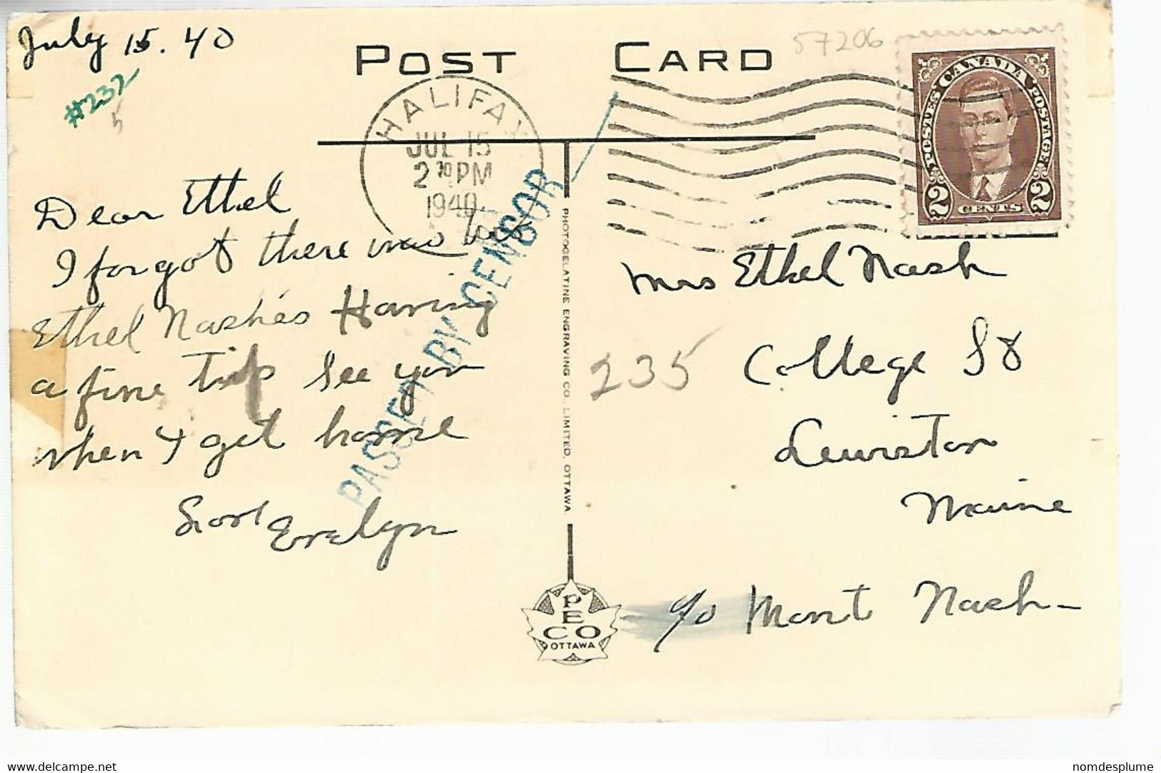 57206) Canada Public Gardens Halifax Censor Postmark Cancel 1940 - Halifax