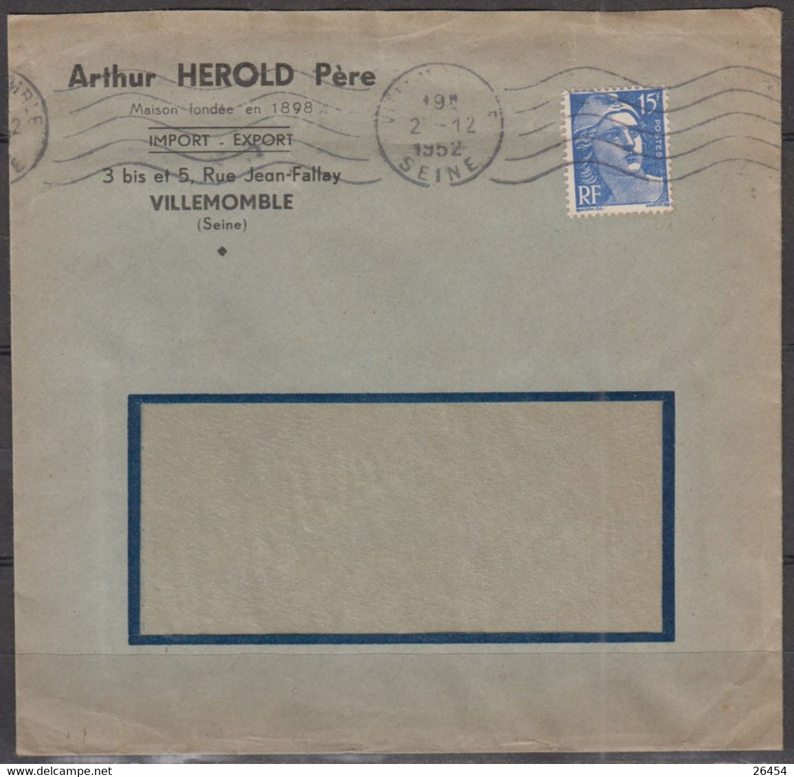 93 VILLEMOMBLE   Enveloppe Fenetre Pub  " Arthur HEROLD Père "   Année 1952 - Covers & Documents