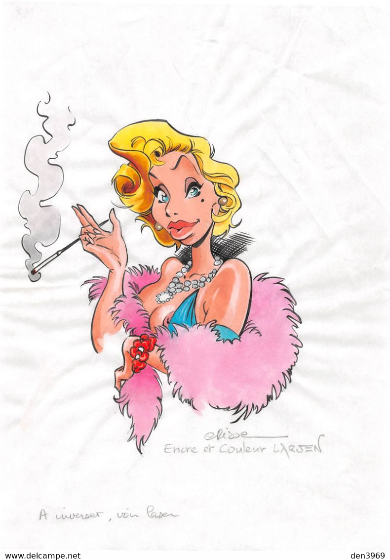 Dessin Original Crayonné De CRISSE Encré Et Mis En Couleurs Par LARSEN - Nu, Pin-up Années Folles, Fume-Cigarette - Disegni Originali