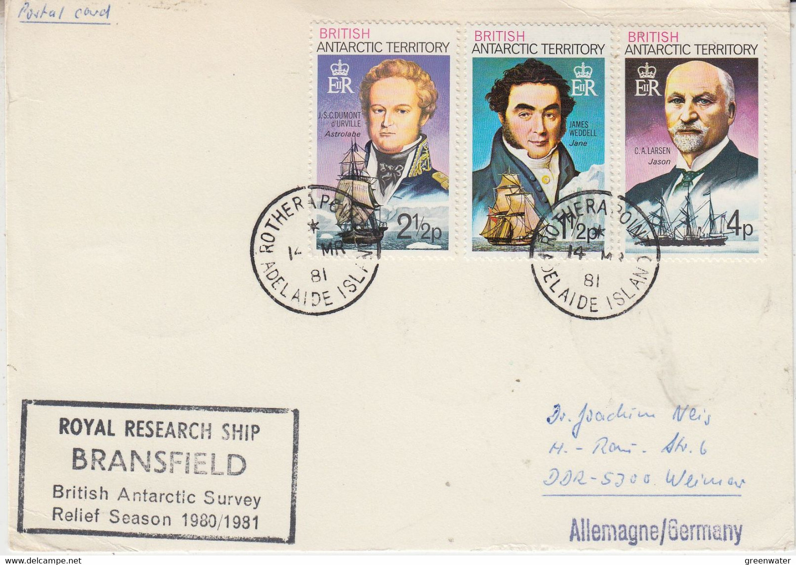 British Antarctic Territory (BAT) RRS Bransfield  Card Ca Rothera Point Adelaide Island  14 MR 1981 (TB174) - Briefe U. Dokumente