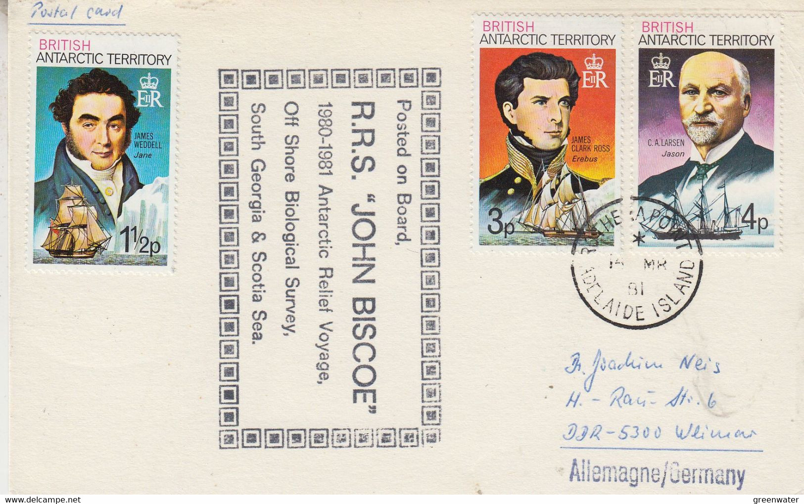 British Antarctic Territory Card RRS John Biscoe Ca Rothera Point Adelaide Island 1 JAN 1981 (TB175) - Briefe U. Dokumente