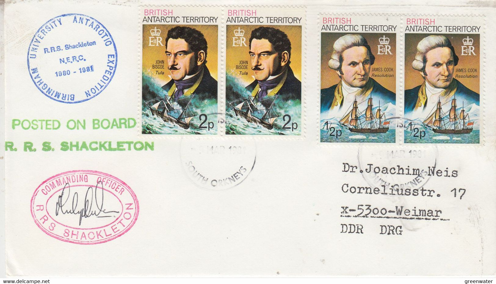 British Antarctic Territory (BAT) Cover RRS Shackleton Signed Ca Signy Island South Orkneys 9 MAR 1981 (TB176A) - Covers & Documents