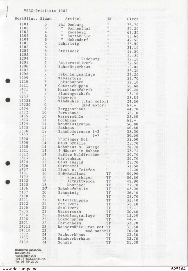 Catalogue VERO 1985 ONLY Prislista SEK Preisliste Schwedischen Kronen DDR - En Suédois - Unclassified