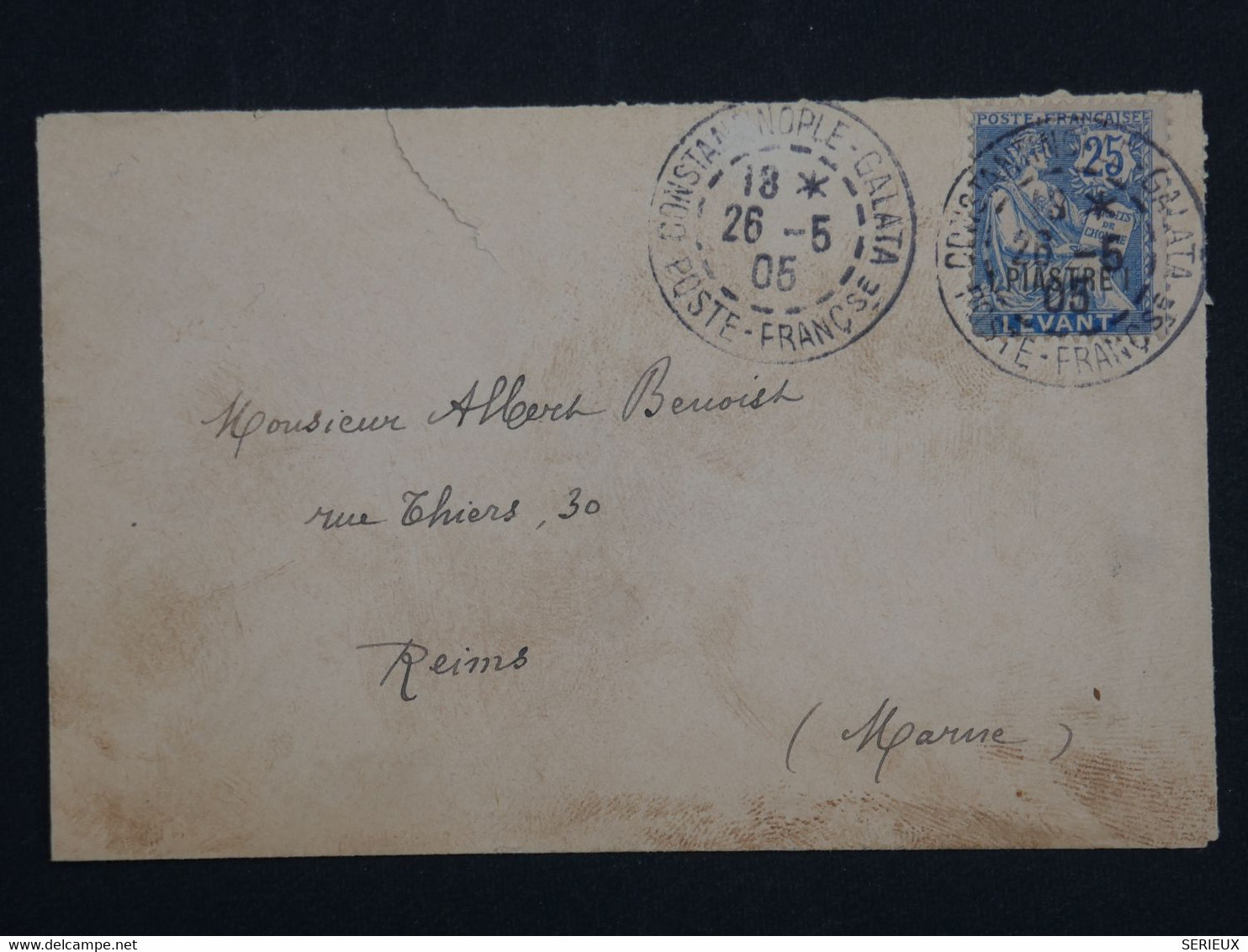 ¤ 21 LEVANT TURQUIE  BELLE LETTRE 1905 CONSTANTINOPLE A REIMS FRANCE  + + AFFR. PLAISANT - Lettres & Documents