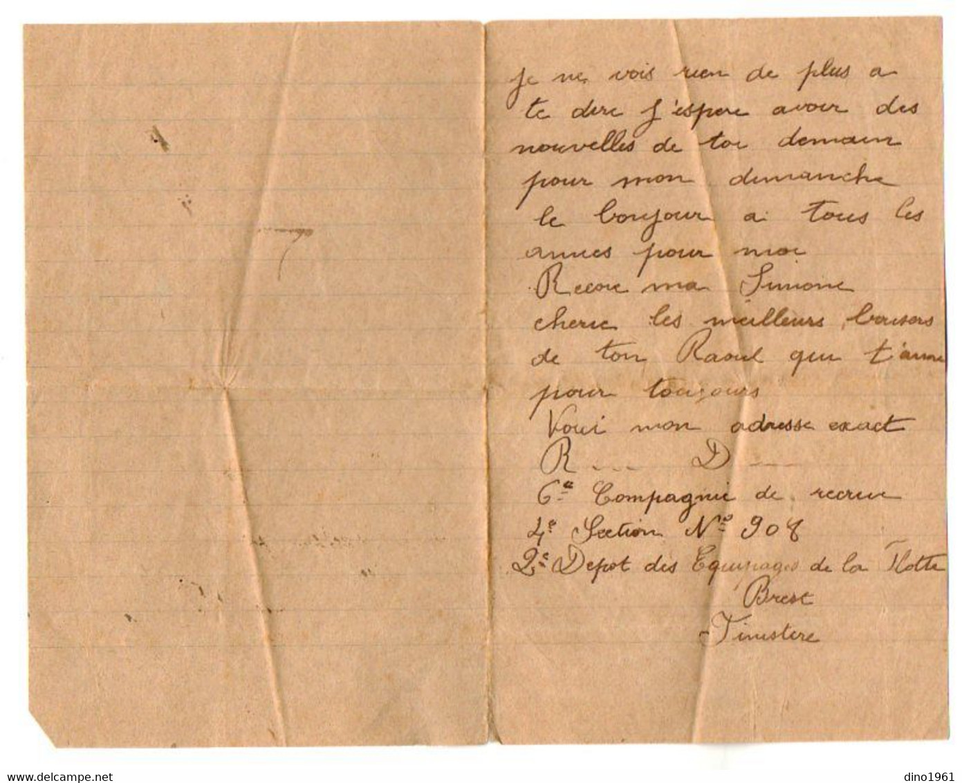 VP20.987 - MILITARIA - Marine - Lettre De Raoul 2 ème Dépot Des Equipages De La Flotte à BREST - Documentos