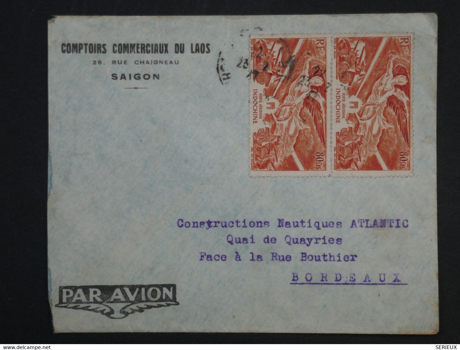 ¤ 21 INDOCHINE   BELLE LETTRE 1947 SAIGON  A BORDEAUX FRANCE  + PAIRE DE 80CTS + AFFR.INTERESSANT - Posta Aerea