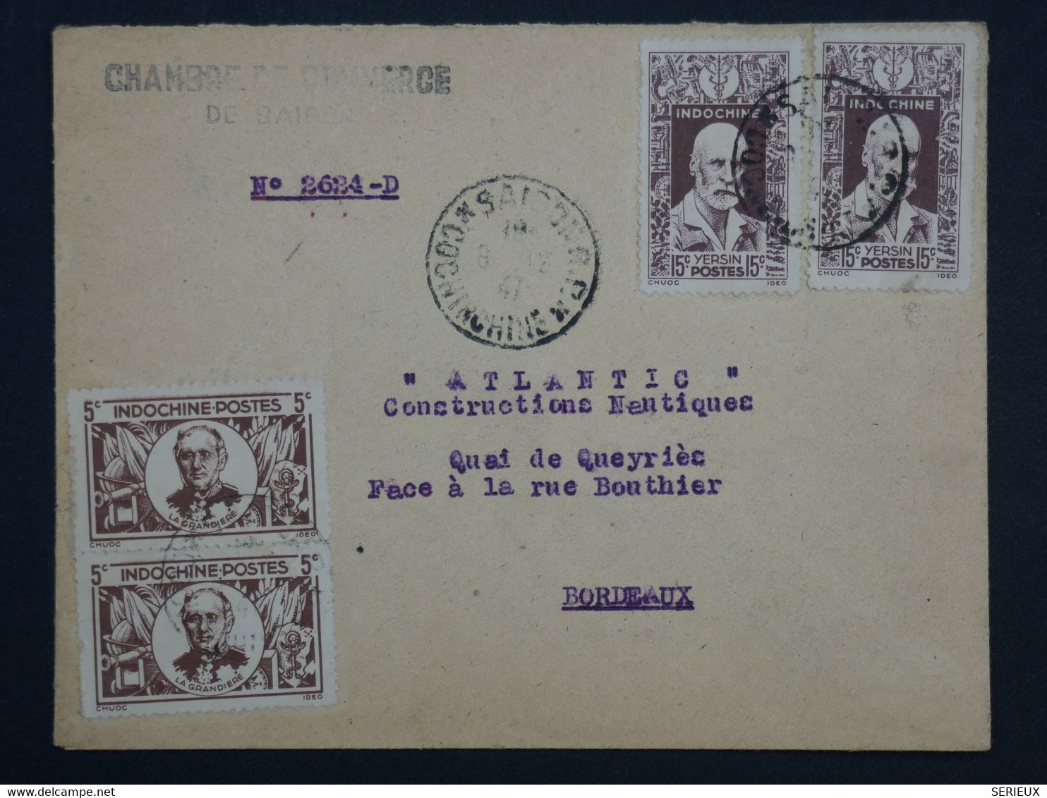¤ 21 INDOCHINE   BELLE LETTRE 1947 CHAMBRE DE COMMERCE SAIGON  A BORDEAUX FRANCE  +YERSIN  + AFFR.INTERESSANT - Covers & Documents