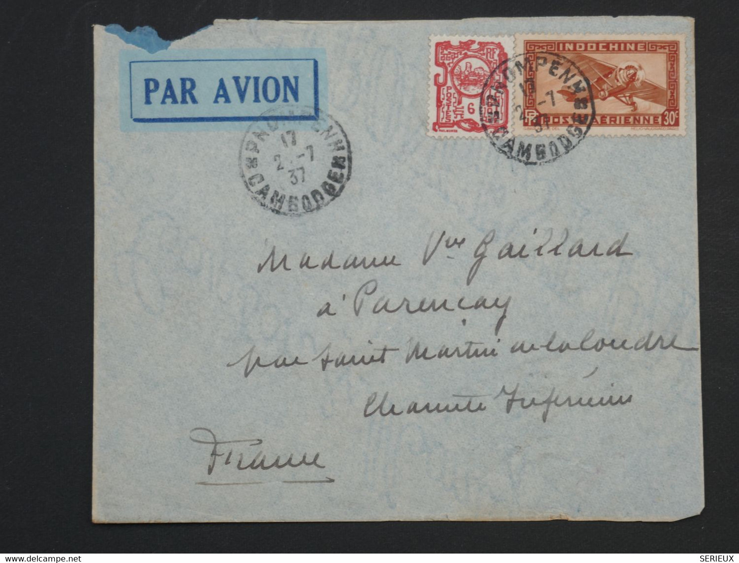 ¤ 21 INDOCHINE  BELLE LETTRE 1937 PHNOMPEN  A PARENCAY  FRANCE  +AEROPHILATELIE + AFFR.INTERESSANT - Airmail