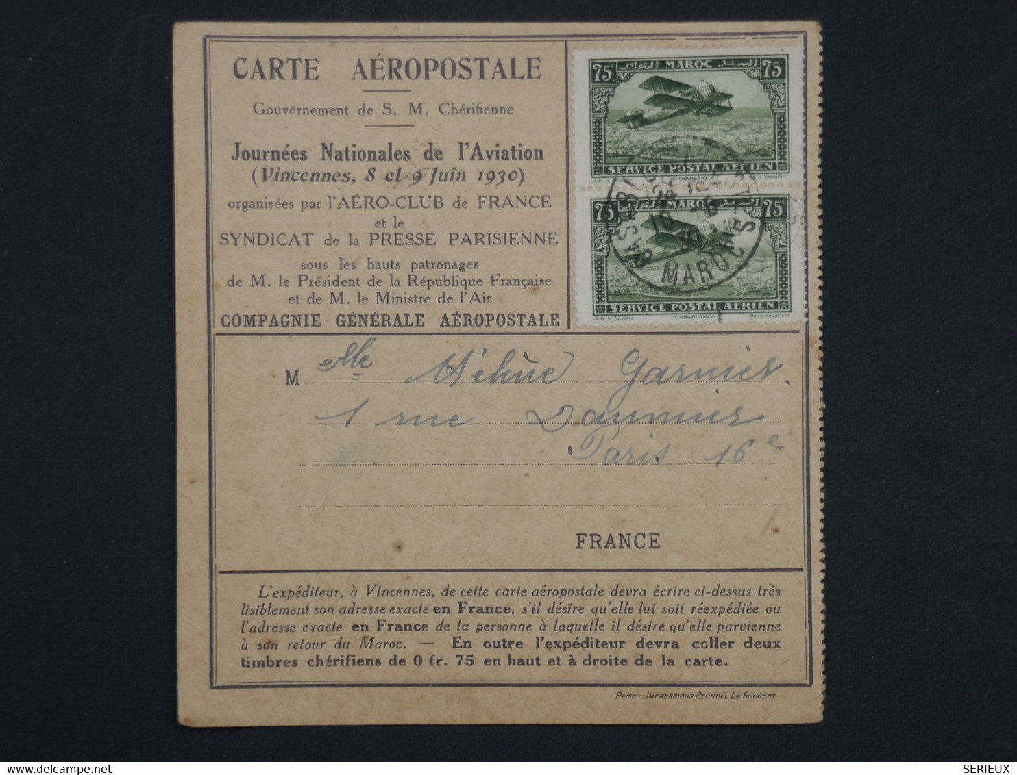 ¤ 21 FRANCE   BELLE CARTE AEROPOSTALE  RR 1930 PARIS CASABLANCA MAROC +PAIRE DE TP+AERIEN+ AFFRANCH.  PLAISANT - 1927-1959 Cartas & Documentos