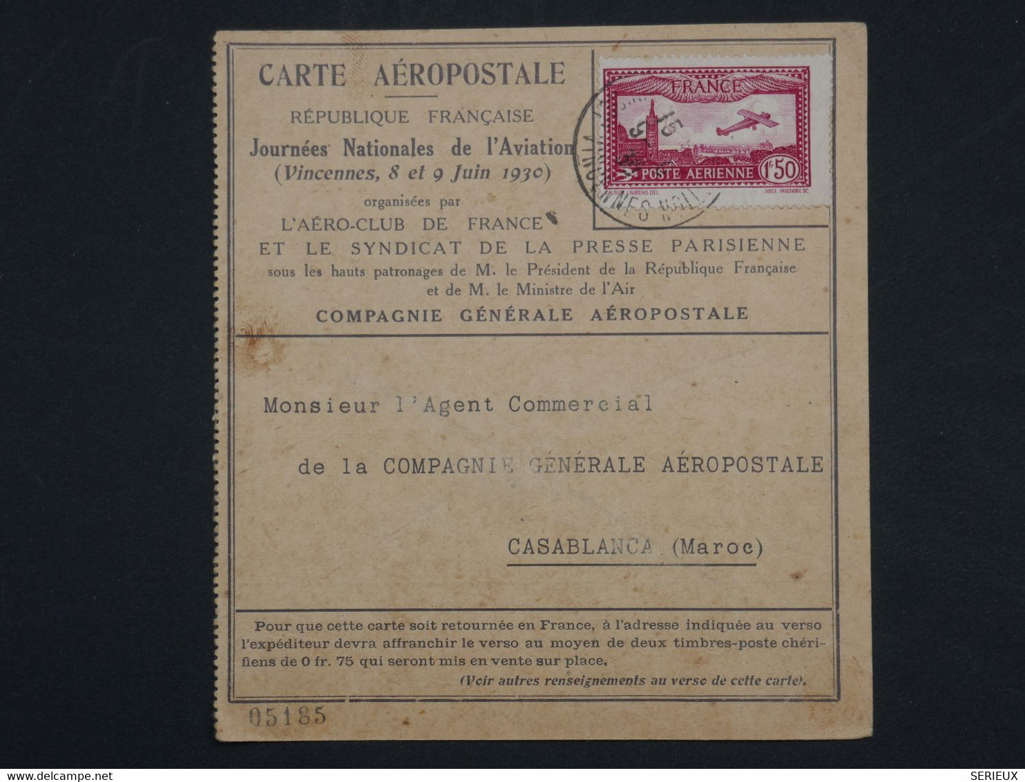 ¤ 21 FRANCE   BELLE CARTE AEROPOSTALE  RR 1930 PARIS CASABLANCA MAROC +PAIRE DE TP+AERIEN+ AFFRANCH.  PLAISANT - 1927-1959 Lettres & Documents