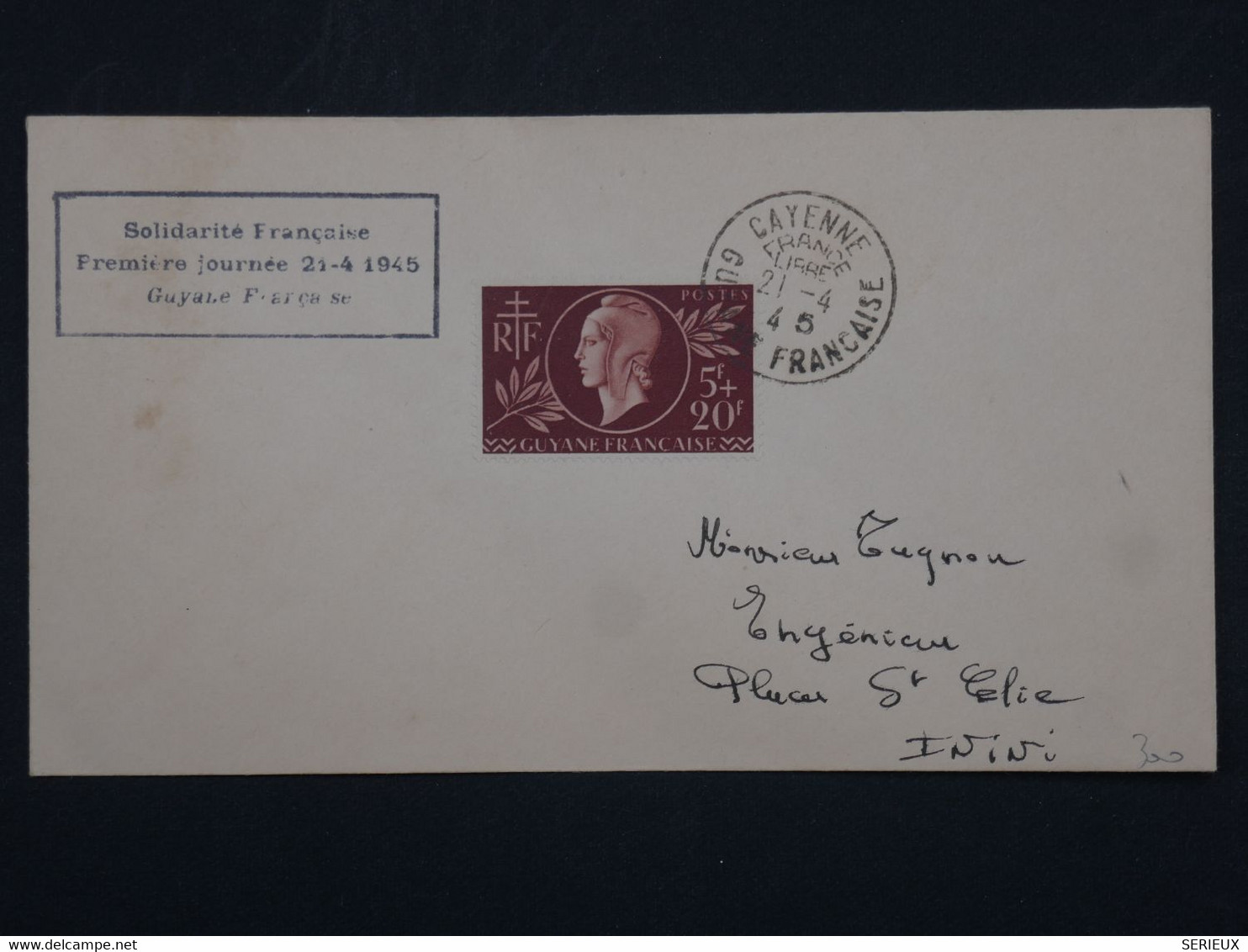 ¤ 21 GUYANNE   FRANCE   BELLE LETTRE FDC 1945  CAYENNE A ININI ++++ AFFRANCH.  PLAISANT - Cartas & Documentos