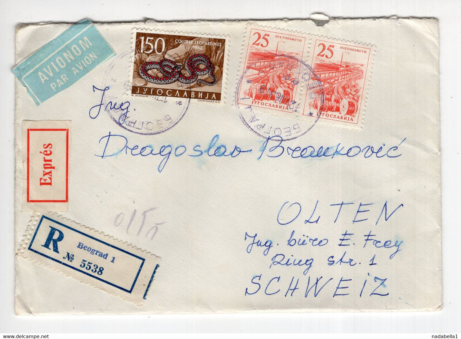 1963. YUGOSLAVIA,SERBIA,BELGRADE,REGISTERED,EXPRESS AIRMAIL COVER TO SWITZERLAND,SNAKE - Poste Aérienne