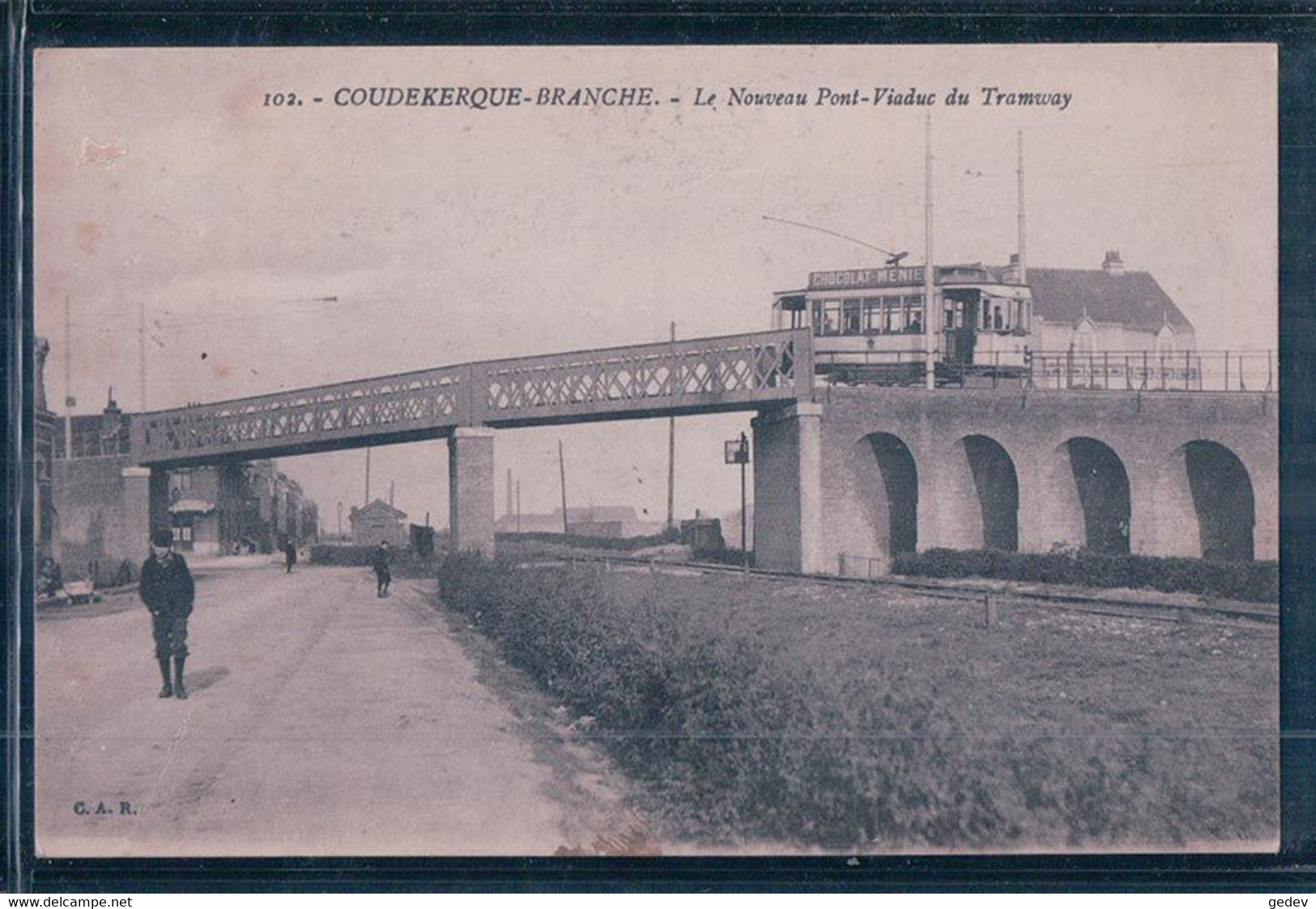 France 59, Coudekerque Branche, Le Nouveau Pont Viaduc Et Le Tramway Avec Publicité Chocolat Menier (102) - Coudekerque Branche