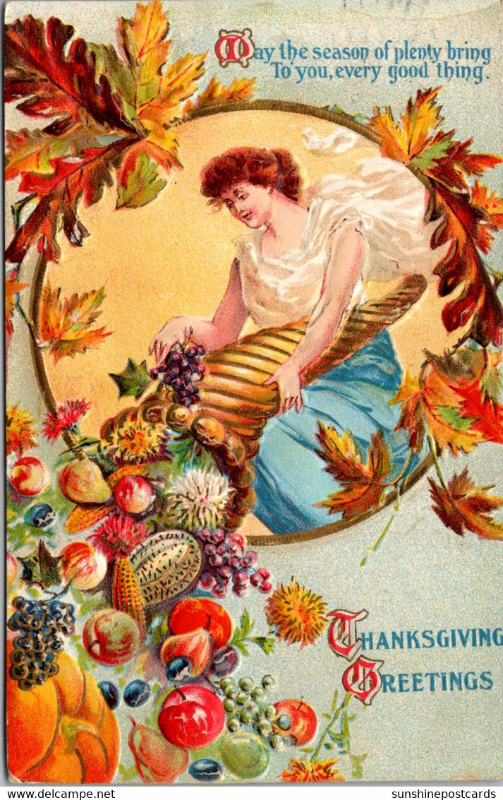 Thanksgiving With Beautiful Woman And Basket Of Fruit 1910 - Thanksgiving