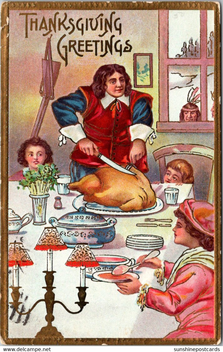 Thanksgiving With Pilgrims Carving Turkey 1909 - Thanksgiving