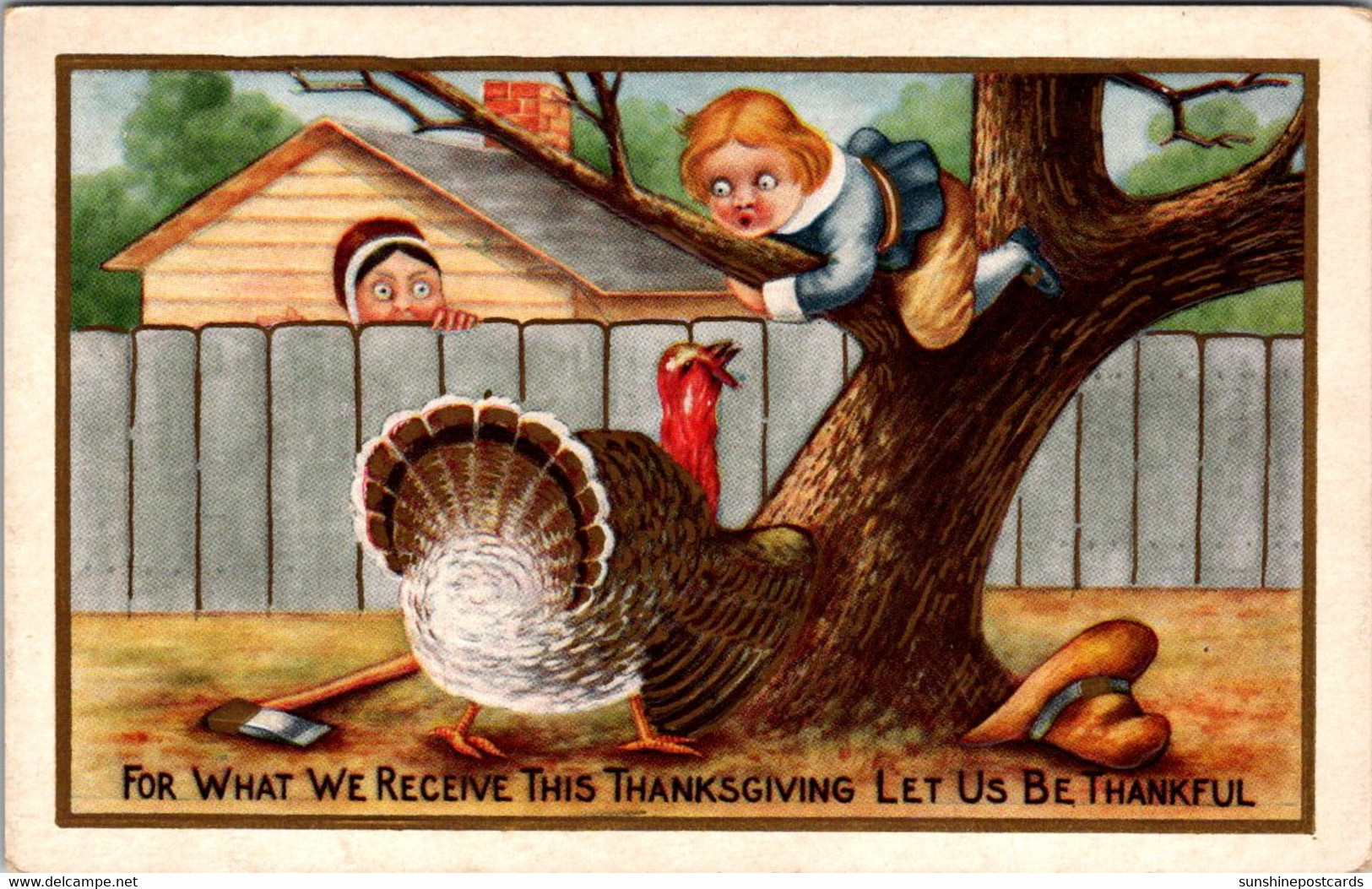 Thanksgiving With Turkey Casing Boy Up A Tree - Thanksgiving