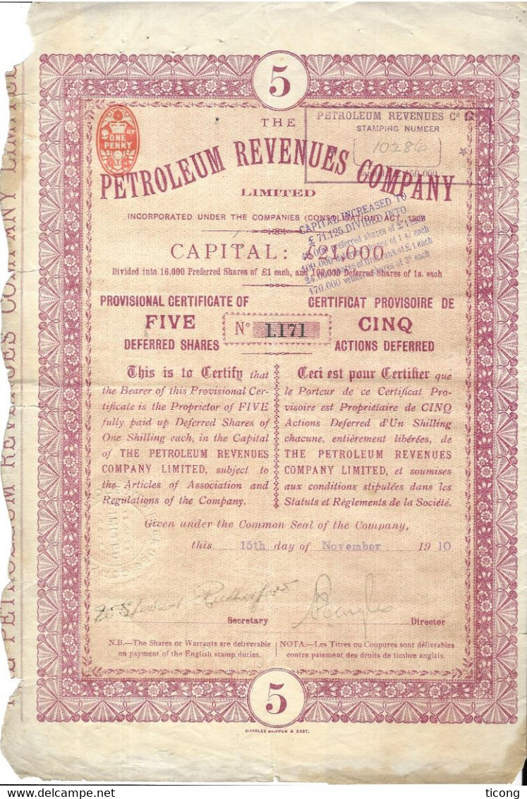 PETROLEUM REVENUES COMPANY ( GRANDE BRETAGNE ) ACTION DE 1908, 7 COUPONS,  VOIR LES SCANNERS - Aardolie