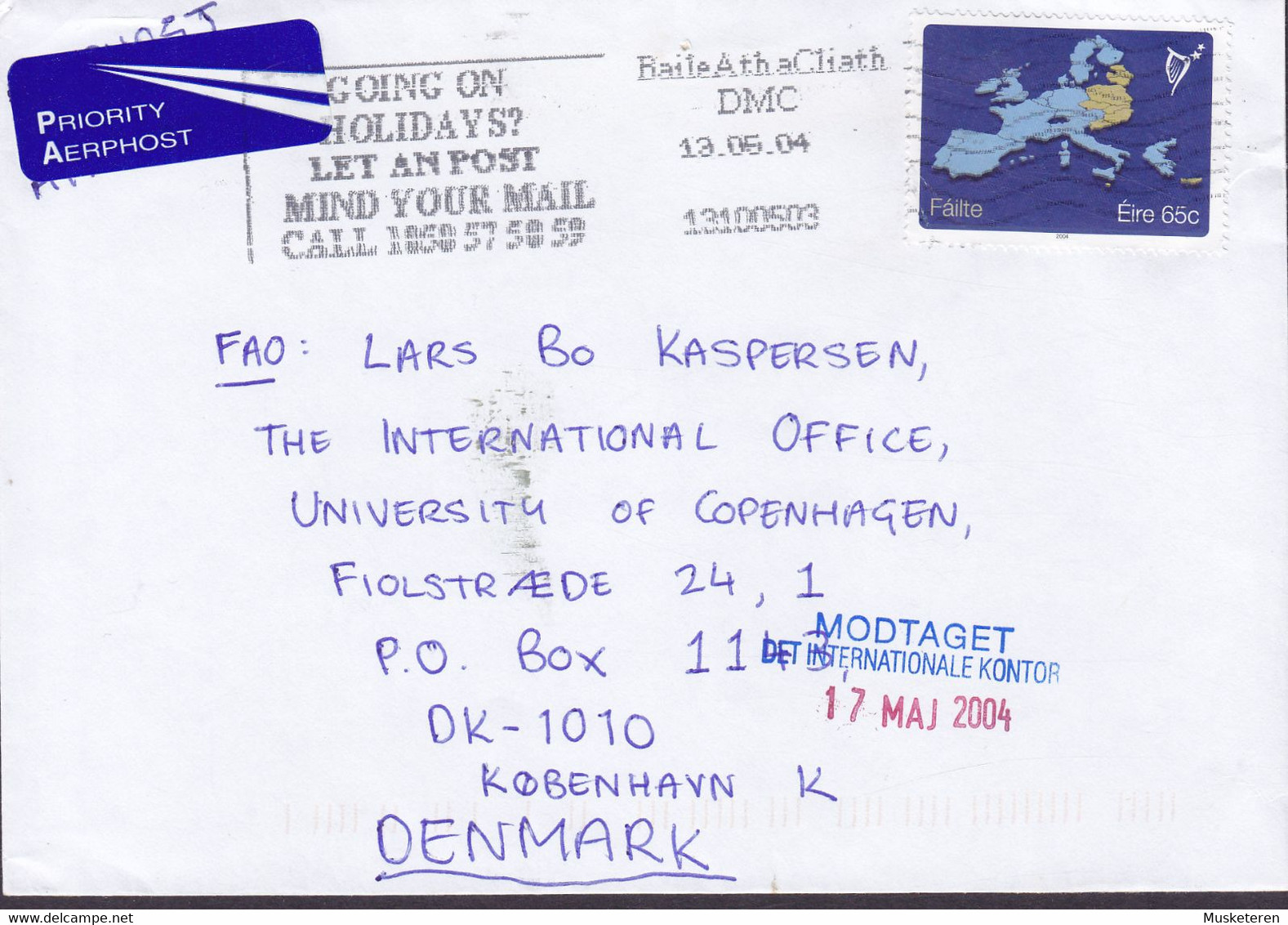 Ireland PRIORITY Aerphost Label Slogan 'Going On Holidays?' BAILE ATHA CLIATH 2004 Cover Brief Denmark Fáilte Stamp - Lettres & Documents